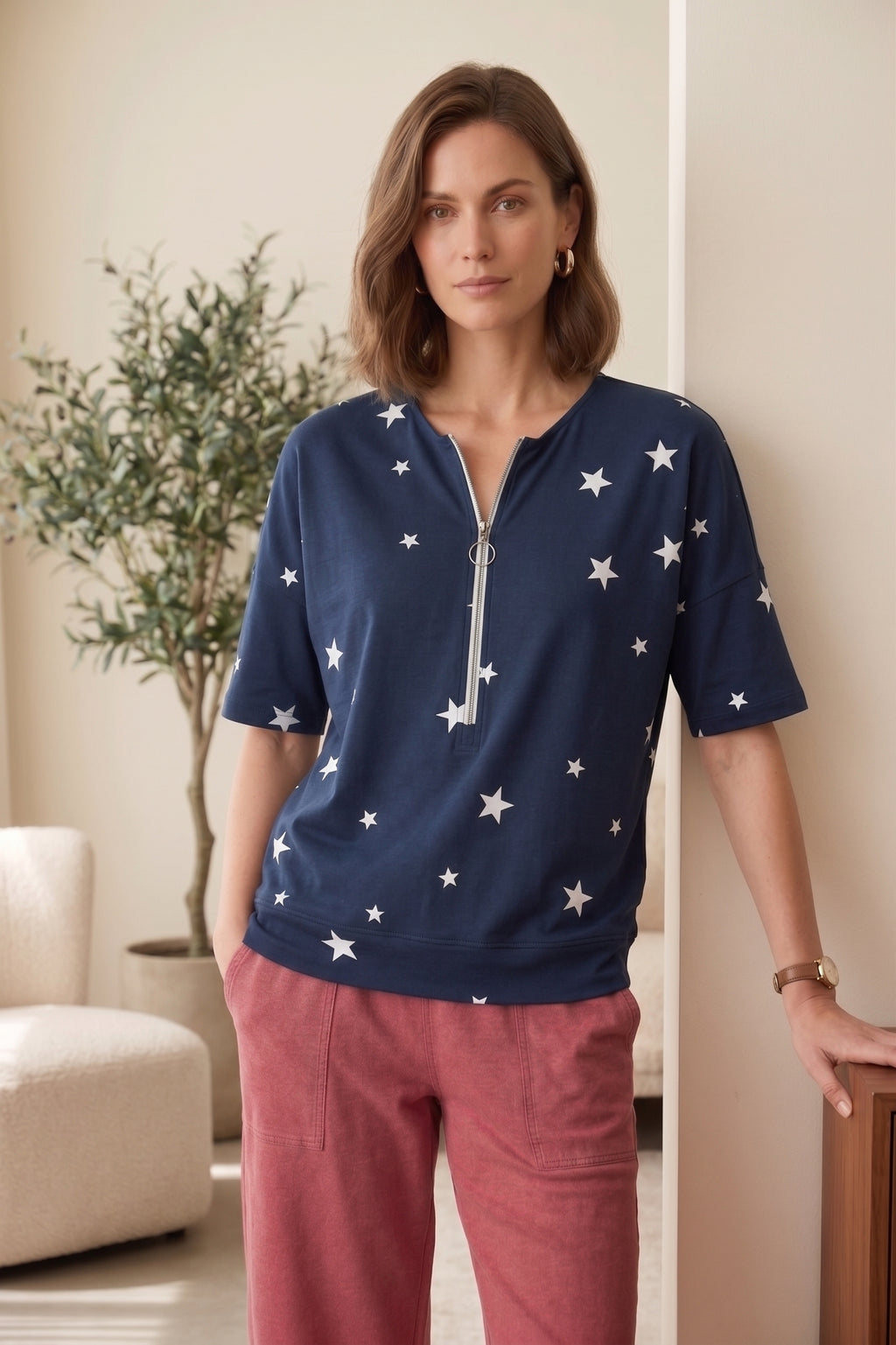 #JS43 Short Slv. Star Print Half-Zip Top