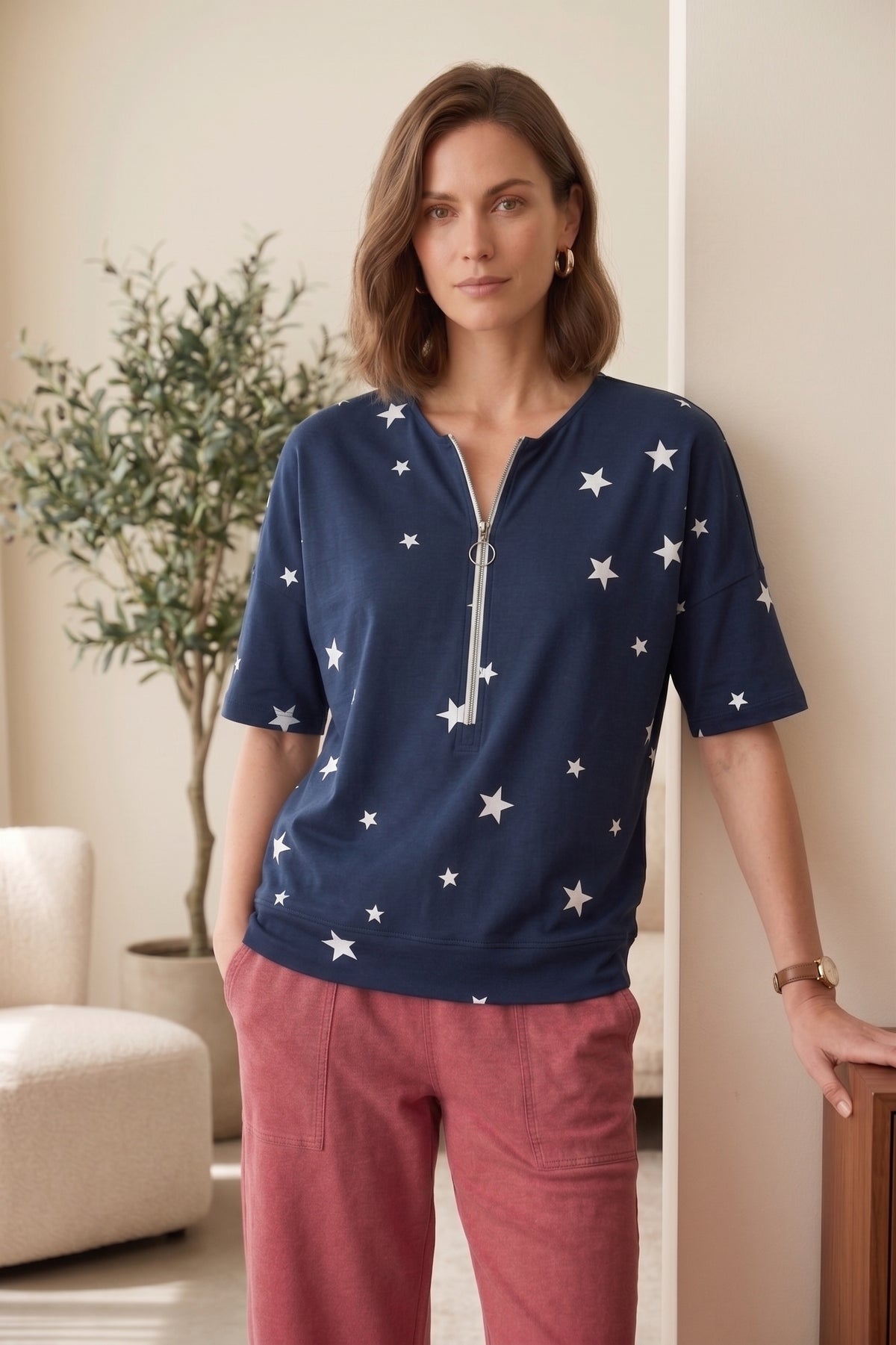 #JS43 Short Slv. Star Print Half-Zip Top