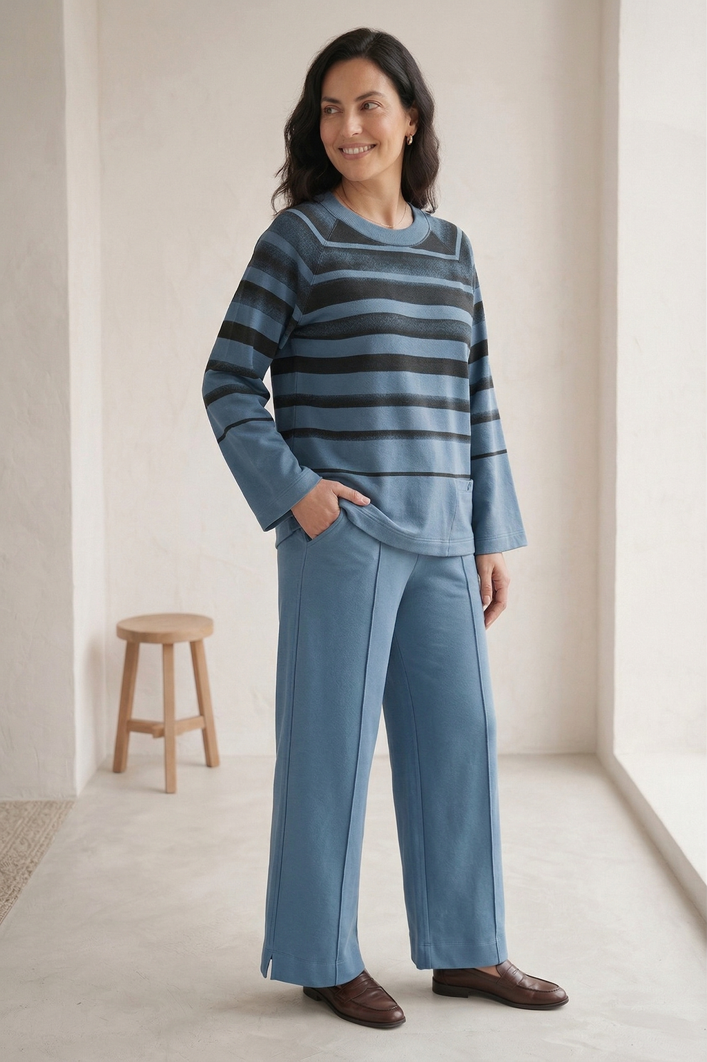 #7767 Women’s Long Sleeve Striped Top | Premium Stretch French Terry with Tab Pocket