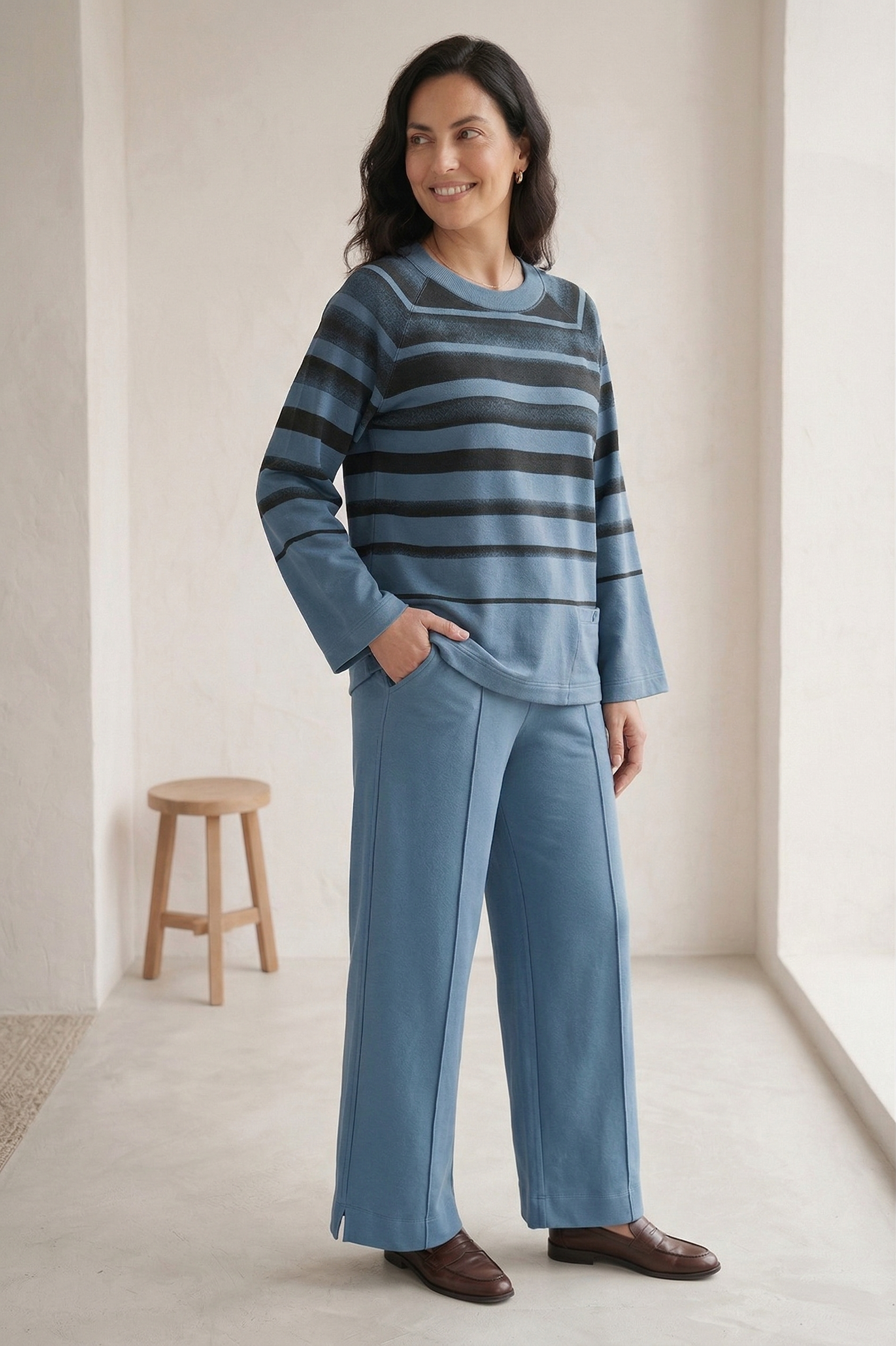 #7767 Women’s Long Sleeve Striped Top | Premium Stretch French Terry with Tab Pocket
