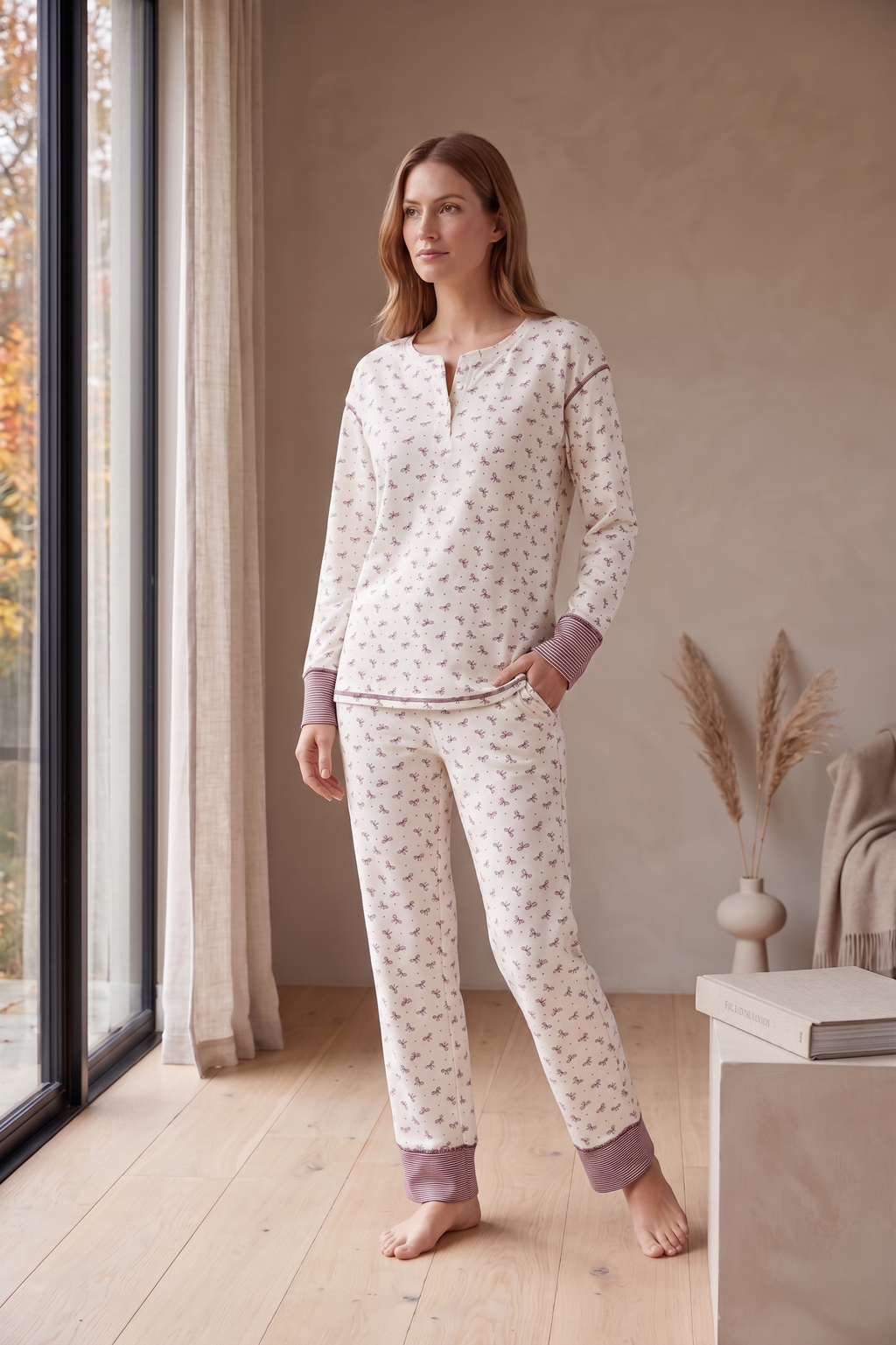 PJ72B | Women's Bow & Stripe Cotton Jersey Pajama Set