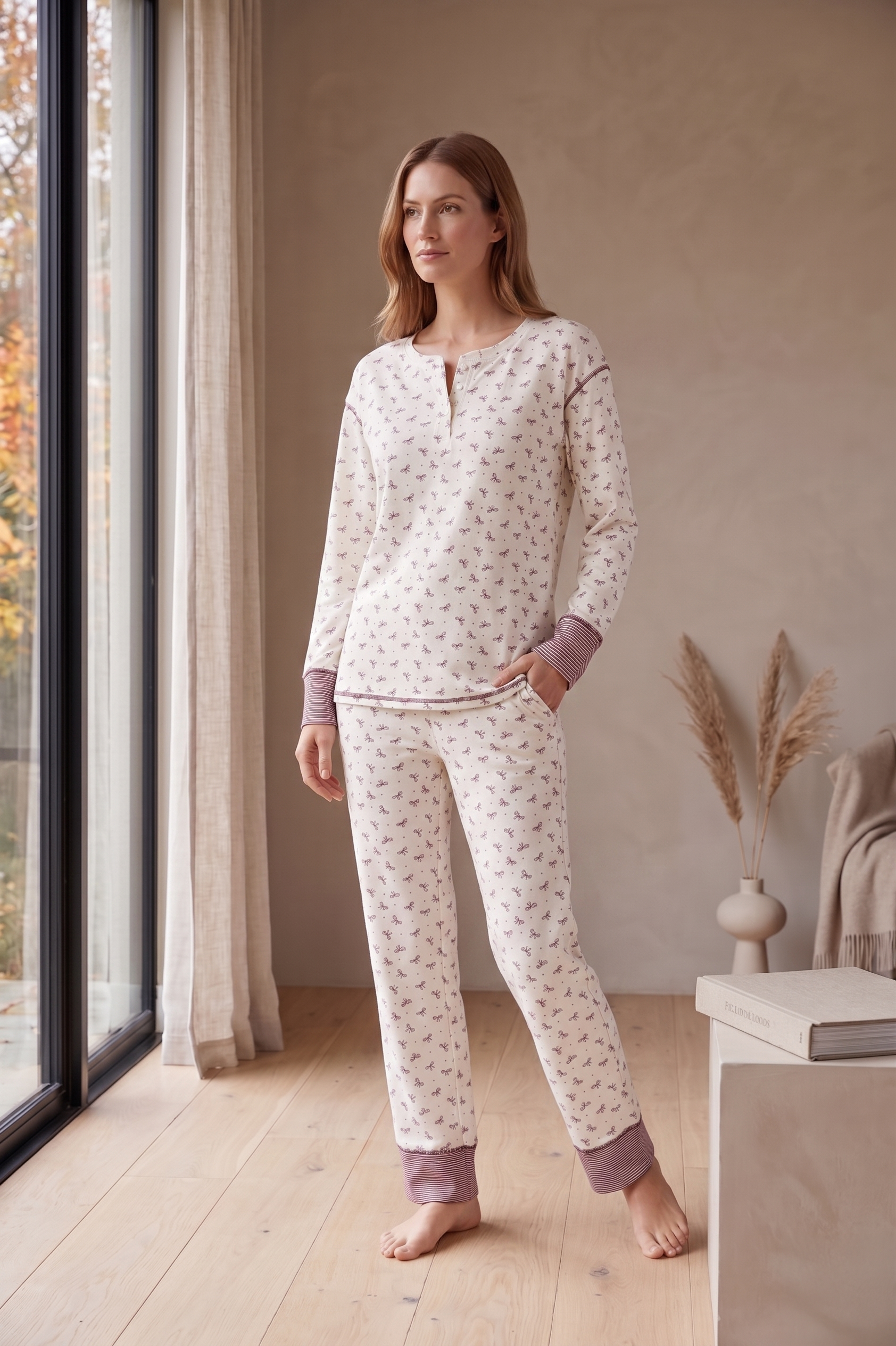 PJ72B | Women's Bow & Stripe Cotton Jersey Pajama Set