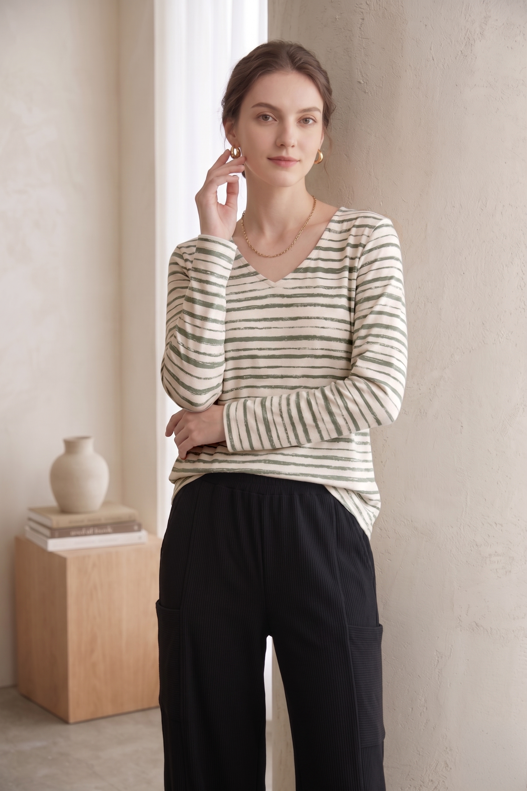 Women's Long Sleeve Striped Cotton Jersey Top (#D32)