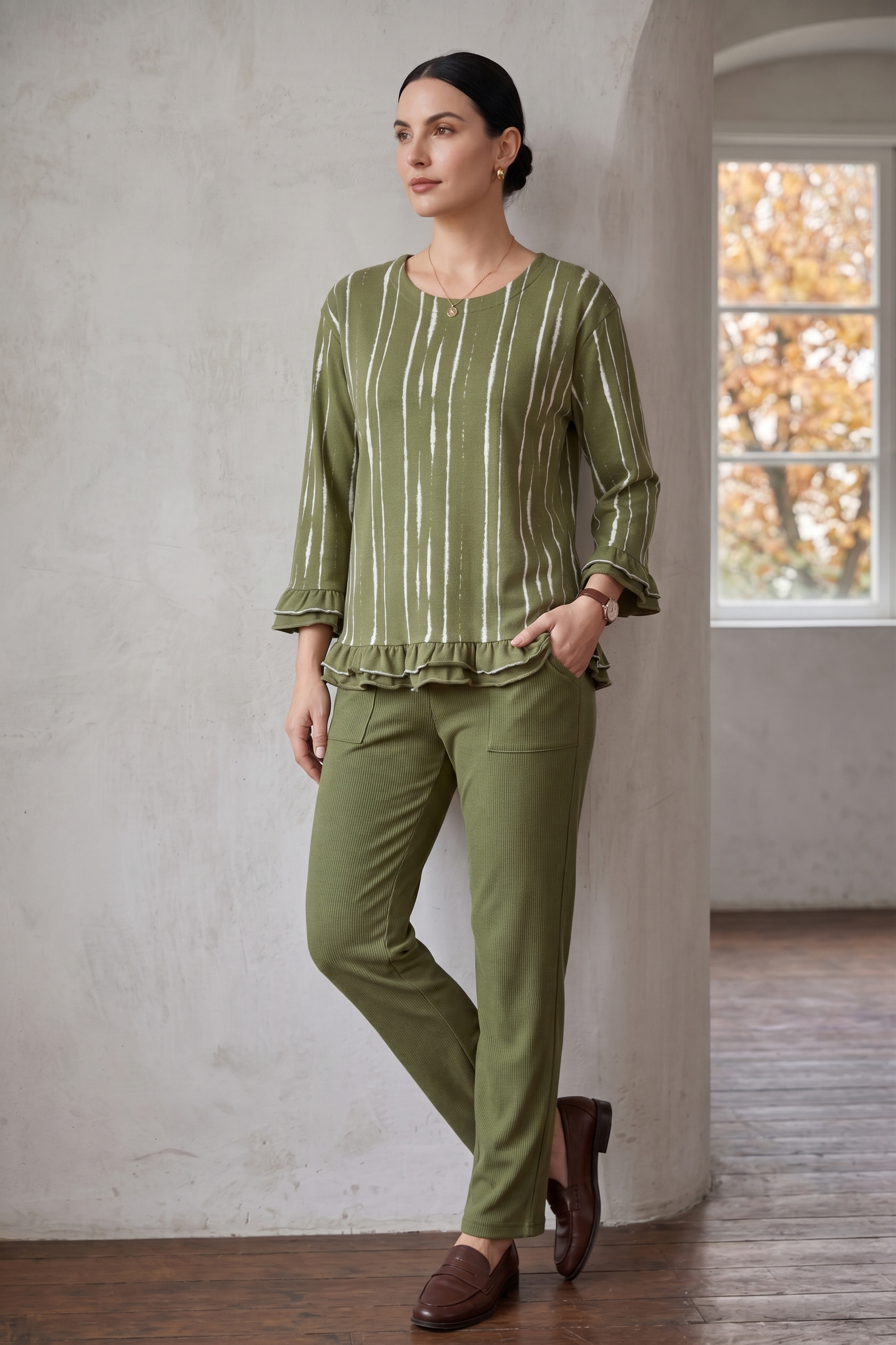 D50 Ruffle Sleeve Distress Stripe Tunic | Premium Cotton Jersey