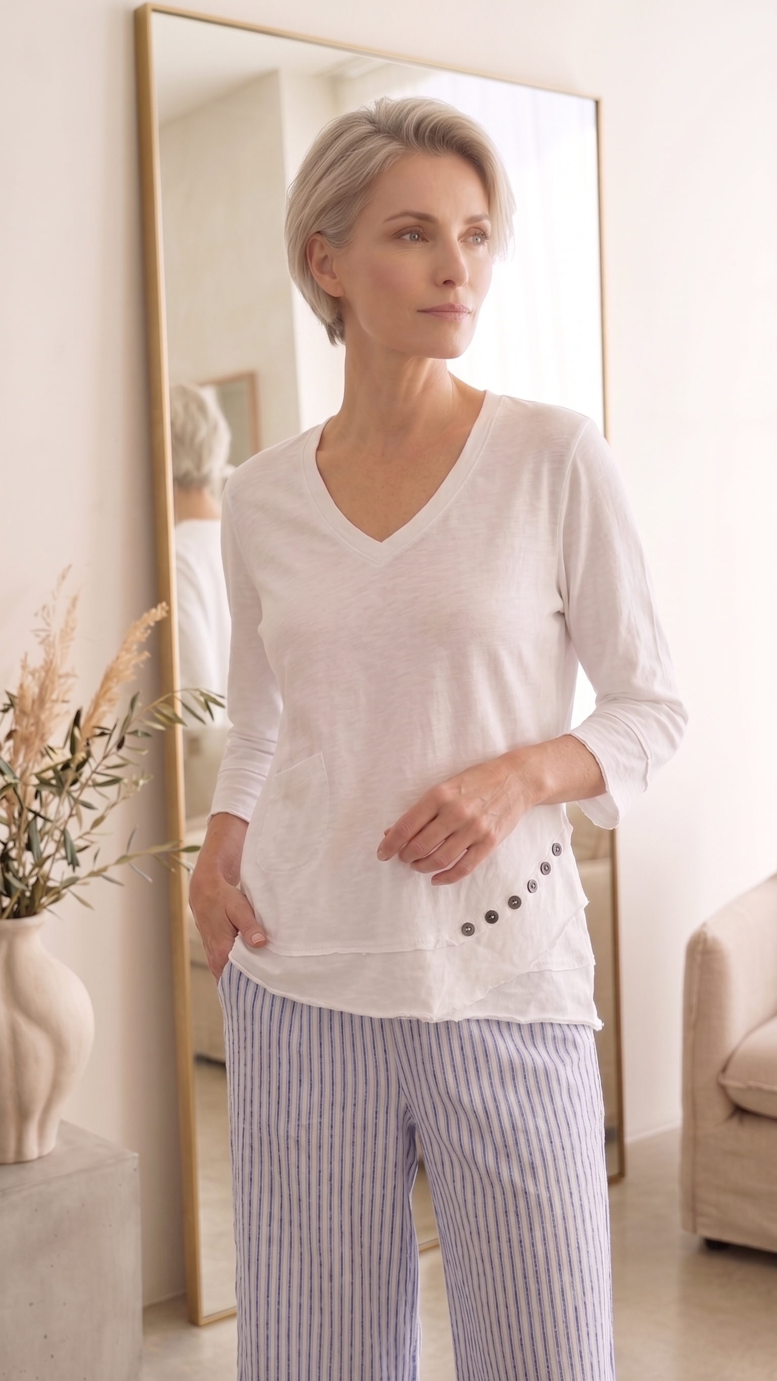 Style #1627-Wholesale Women's 100% Cotton ¾ Sleeve Side-Button Top