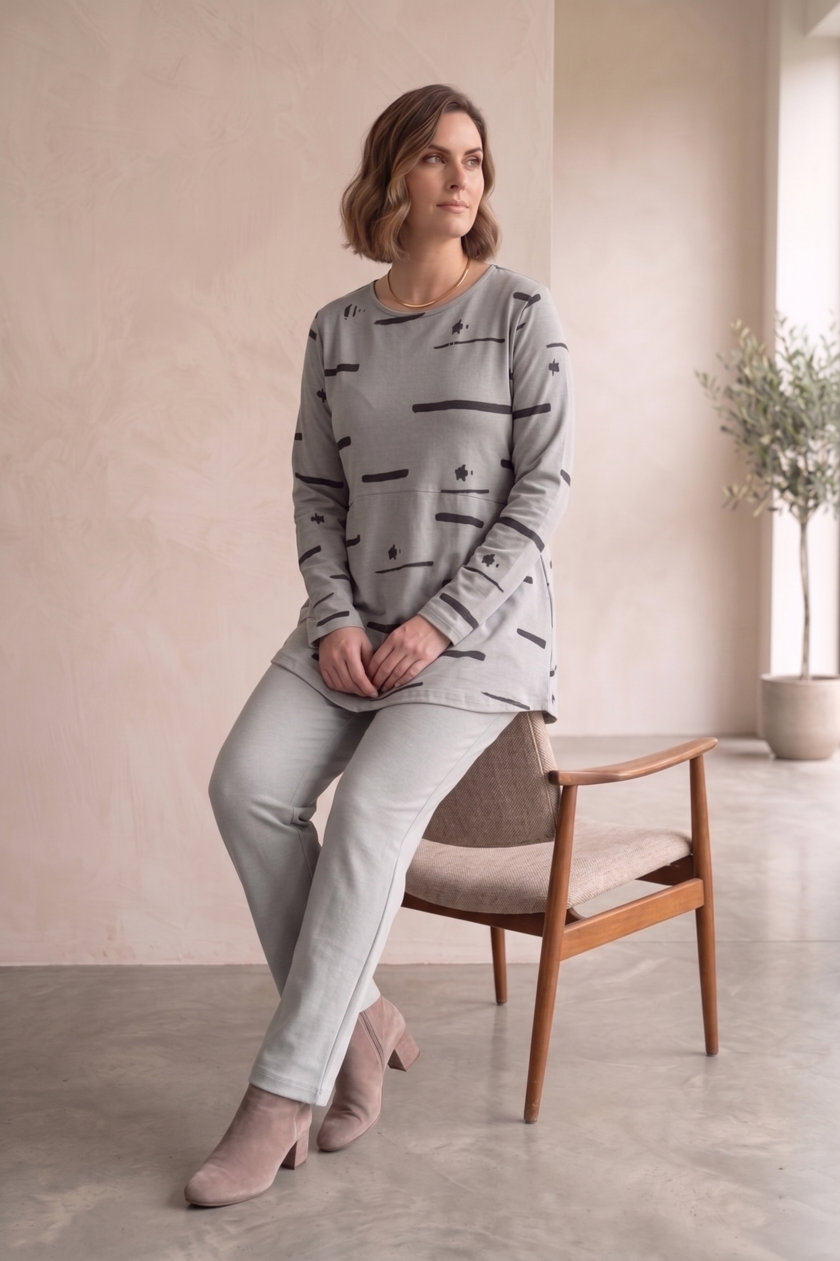 #1272 Abstract Print Long Sleeve Tunic Top | 100% Cotton Jersey