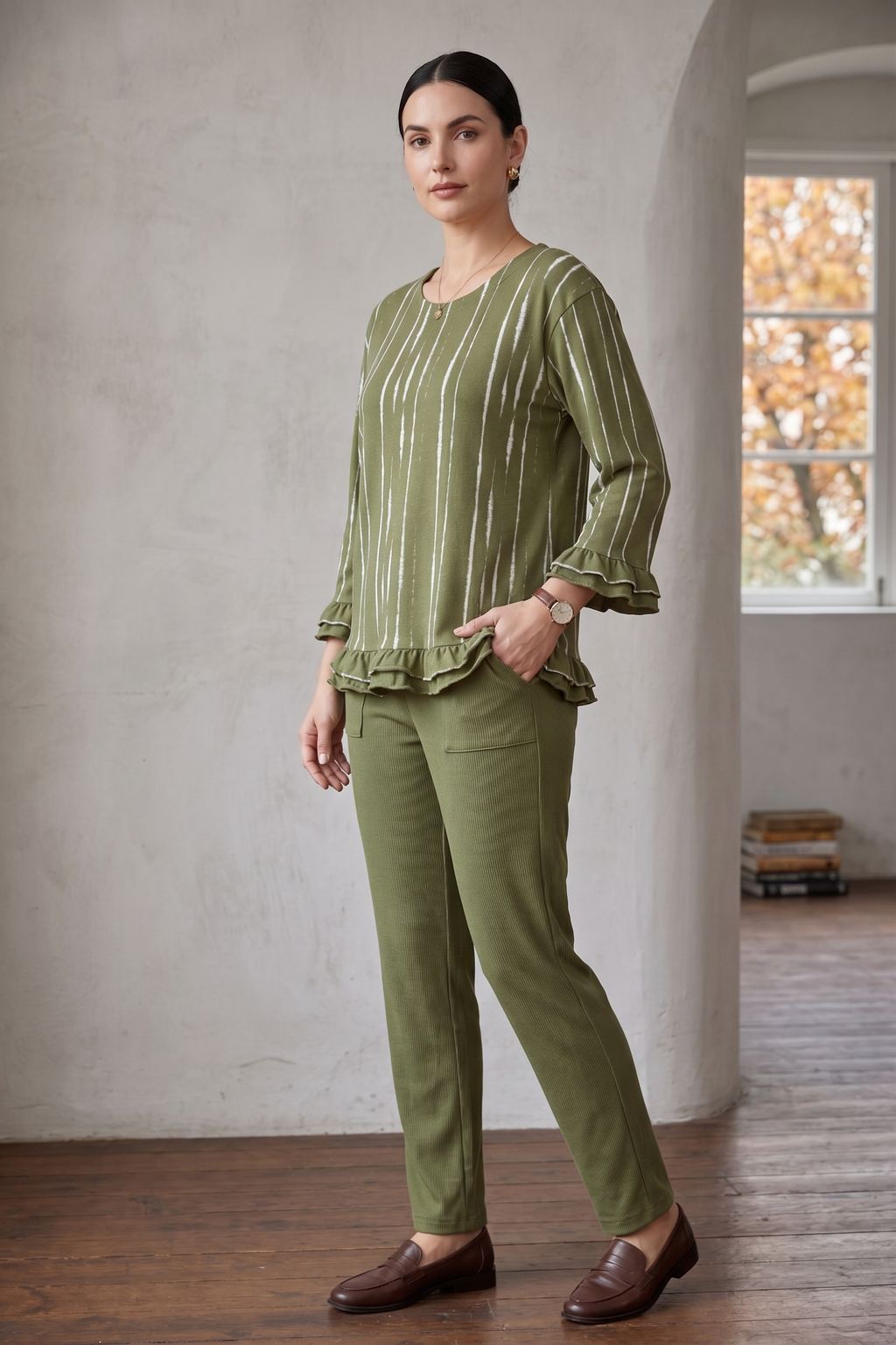 D50 Ruffle Sleeve Distress Stripe Tunic | Premium Cotton Jersey