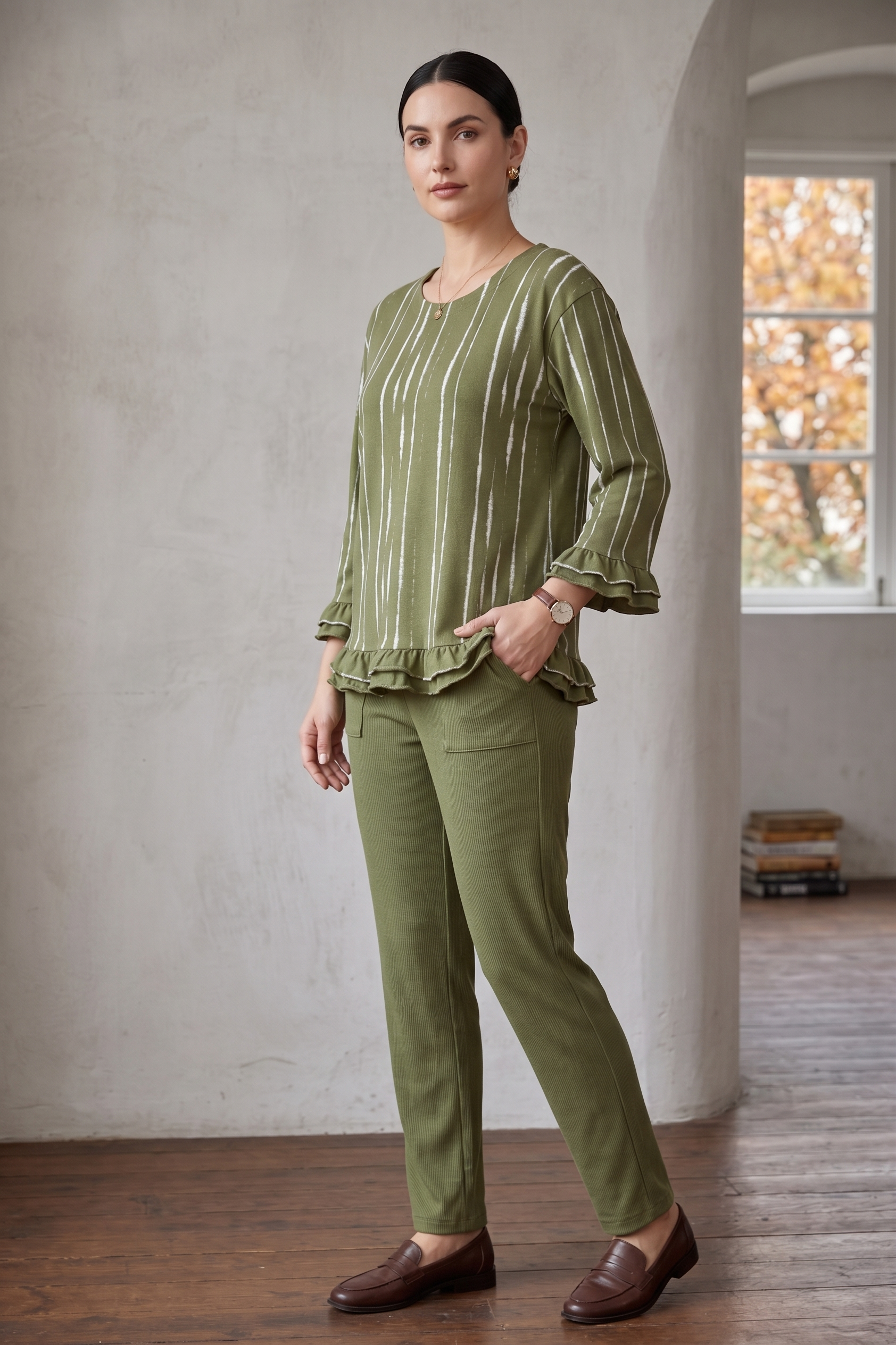 D50 Ruffle Sleeve Distress Stripe Tunic | Premium Cotton Jersey