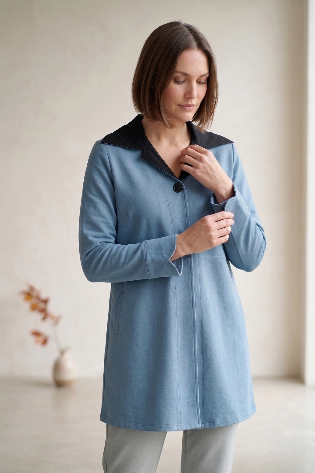 #7766 | Women's Stretch French Terry Trimmed Long Jacket