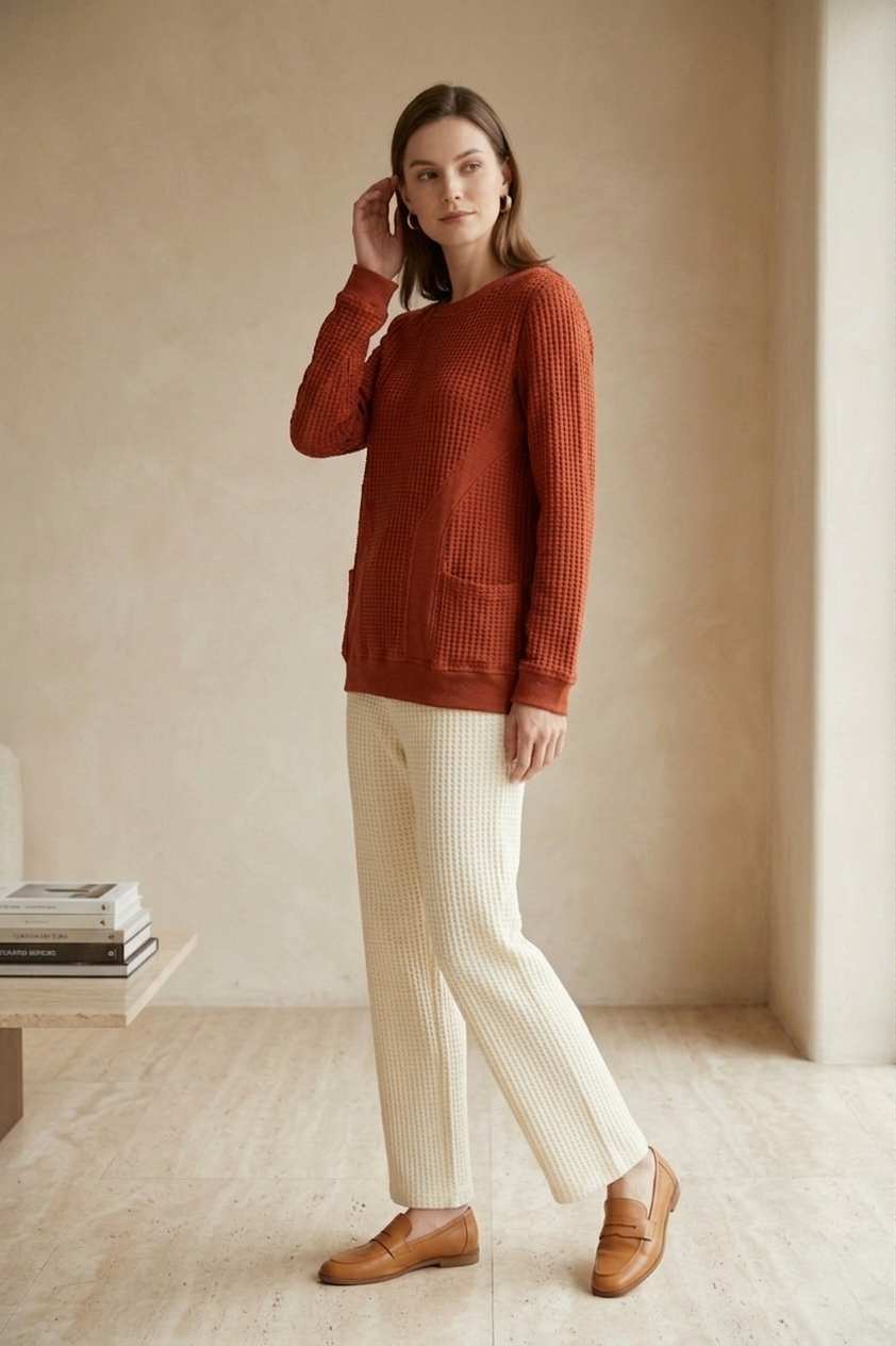 Waffle Knit Long Sleeve Crew Neck Top with Pockets - Style #W03