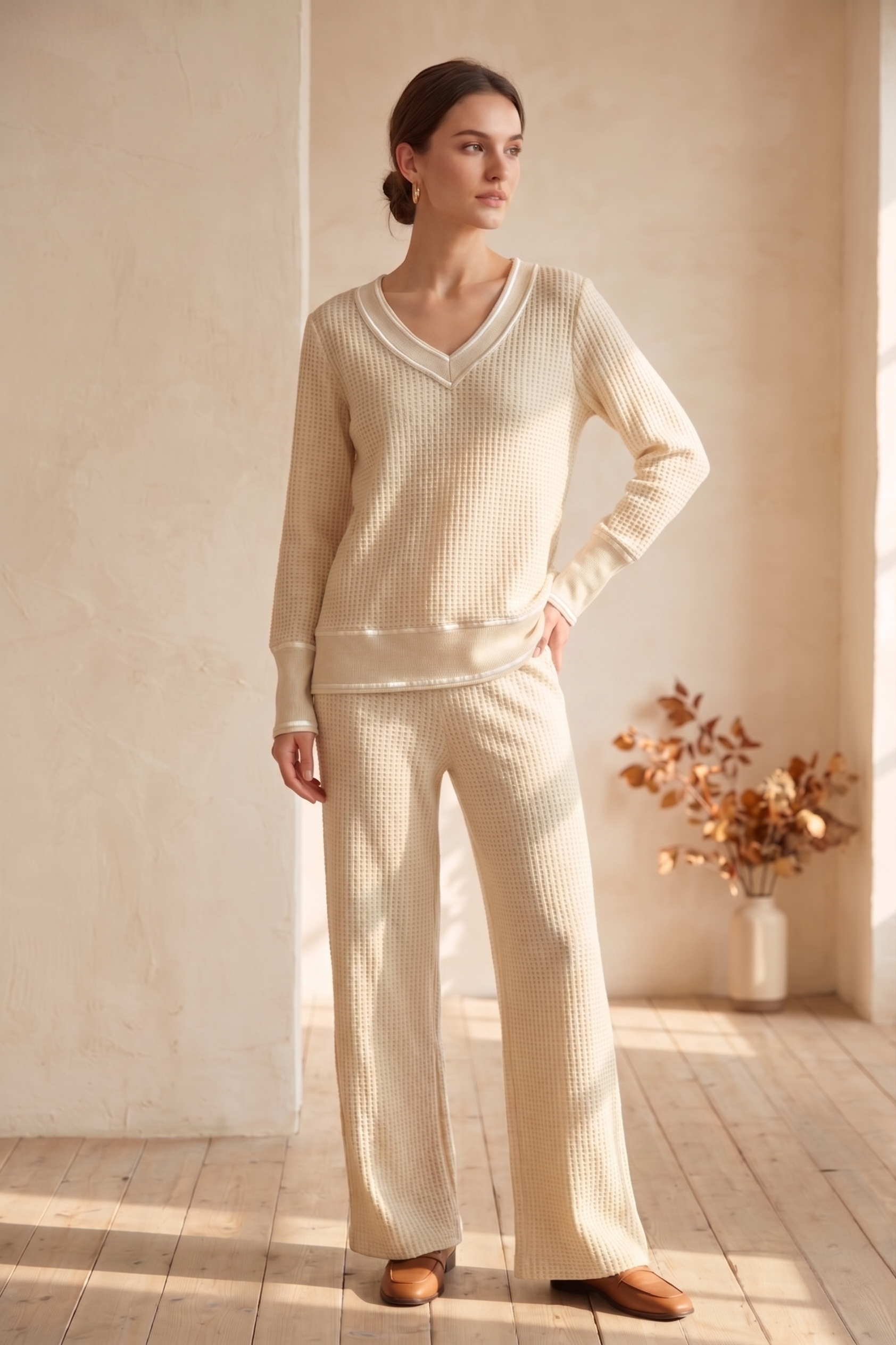 Waffle Knit Long Sleeve V-Neck Top with Contrast Stitching – #W02