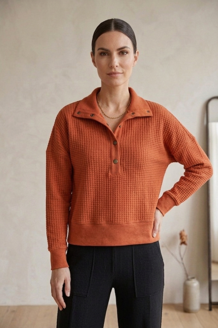 Waffle Knit Bracelet Sleeve Placket Top - Style #W05