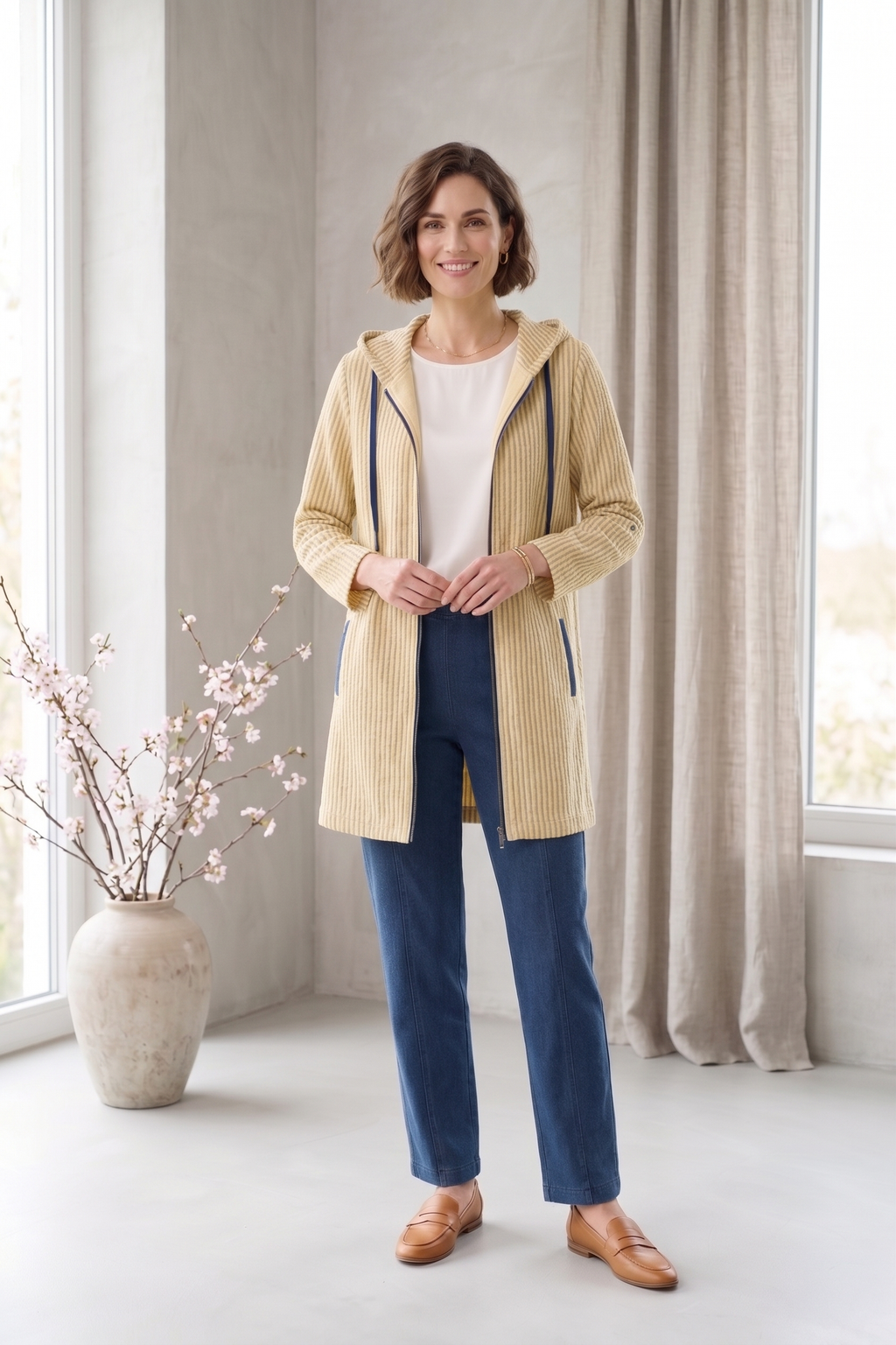 #8301 | Women's 3/4 Sleeve Mixed Stripe Zip-Up Jacket – 100% Cotton Slub French Terry