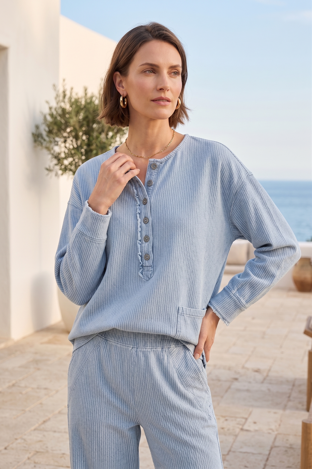 #D74 3/4 Sleeve Ruffle Trim Placket Tunic | Wild Palms Collection (Wholesale Pre-Pack)