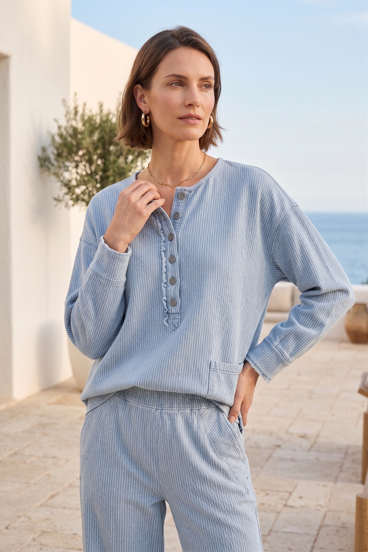 #D74 3/4 Sleeve Ruffle Trim Placket Tunic | Wild Palms Collection (Wholesale Pre-Pack)