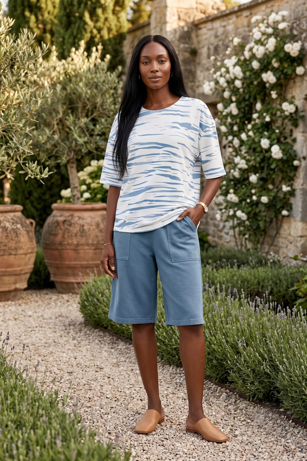 #J33 Elbow Slv. Wavy Print Top | Wild Palms Collection (Wholesale Pre-Pack)