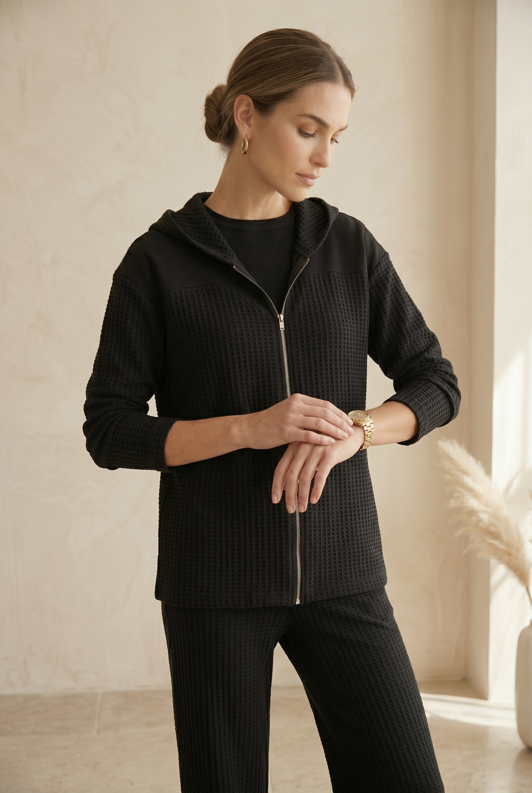 Waffle Knit Long Sleeve Drop Shoulder Zip Hoodie (#W01) — Wholesale
