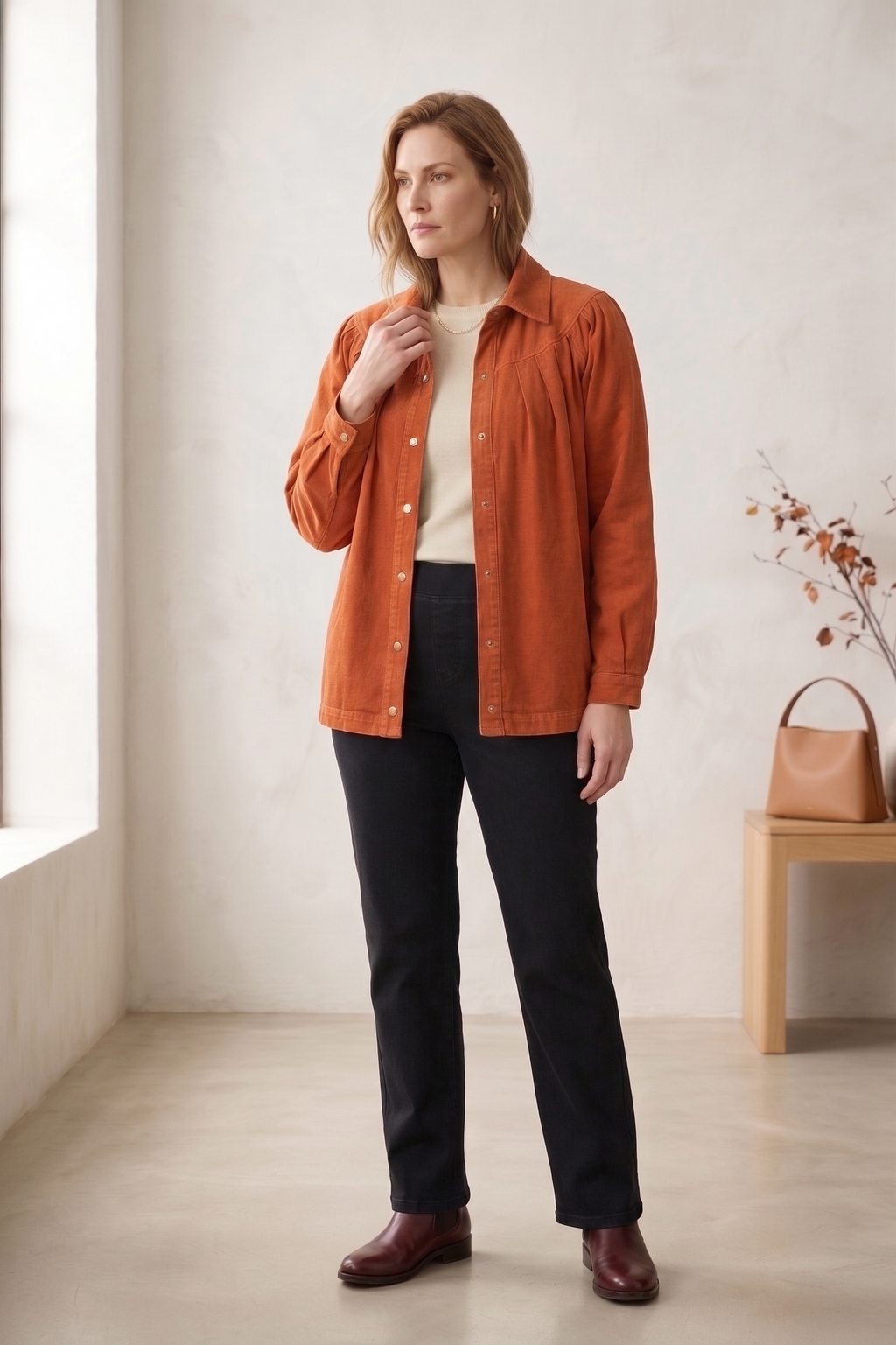 #D43 Women’s Pleated Yoke Stretch Denim Jacket