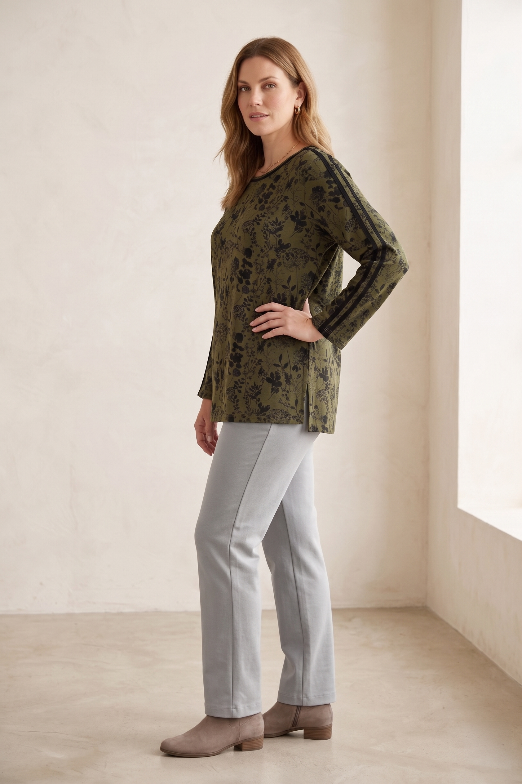 #1273 Long Sleeve "Water Leaves" Floral Print Top | 100% Cotton Jersey