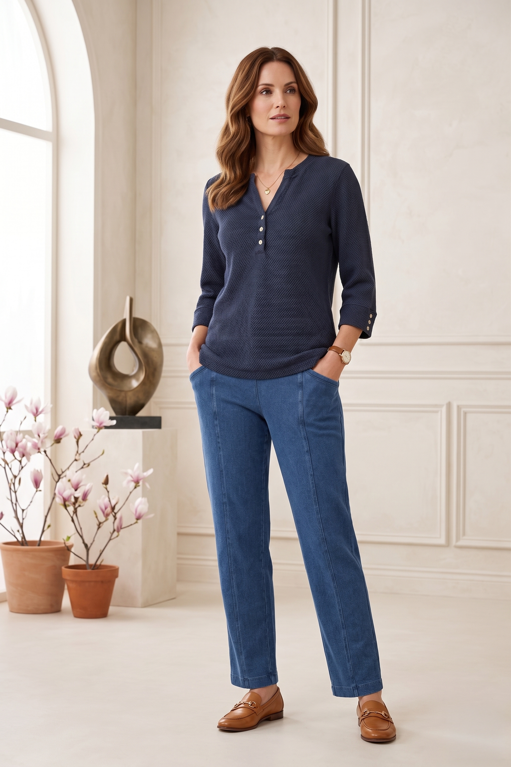 Style #8304: Women's ¾ Sleeve Textured Knit Henley Top