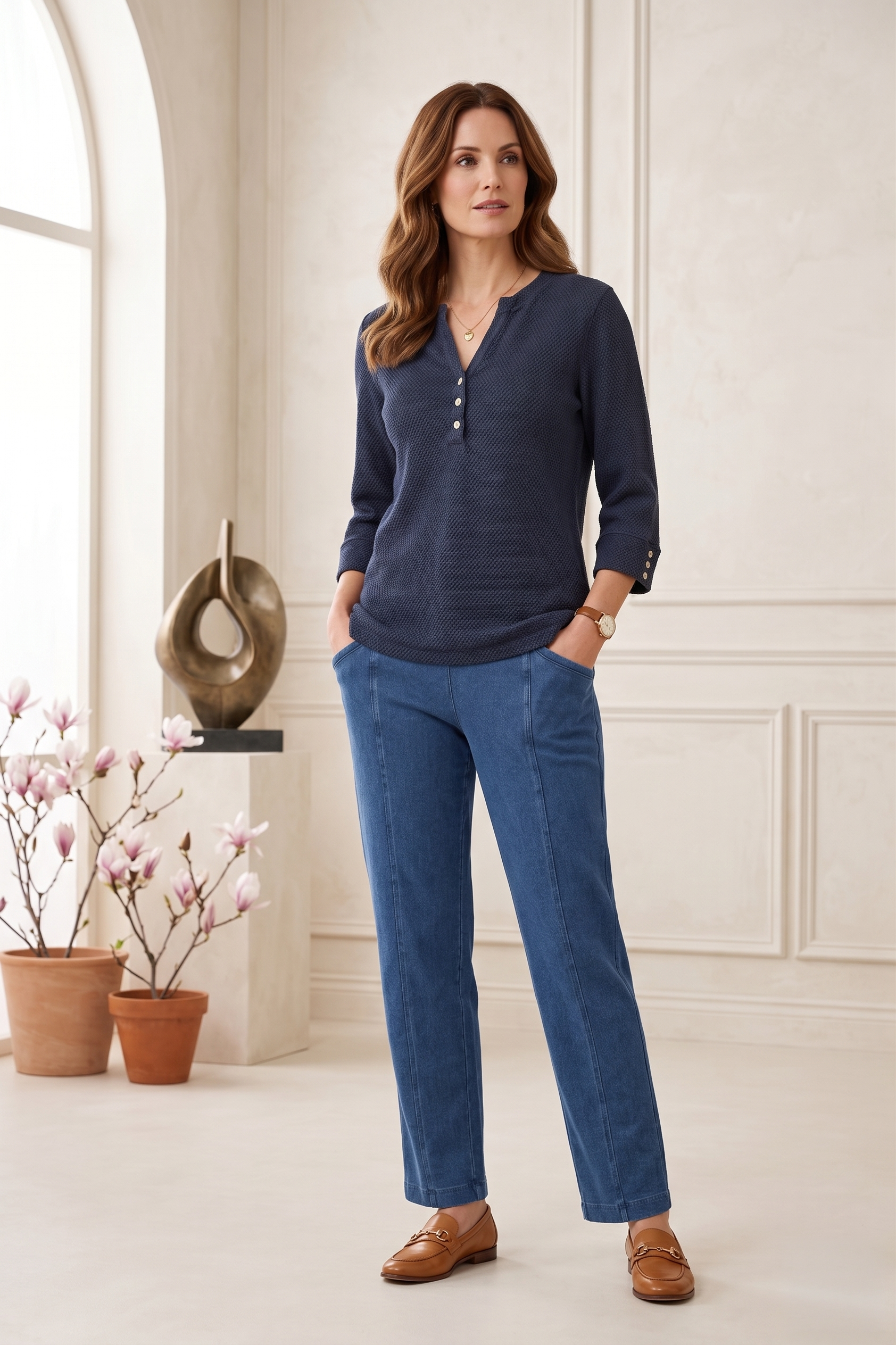 Style #8304: Women's ¾ Sleeve Textured Knit Henley Top