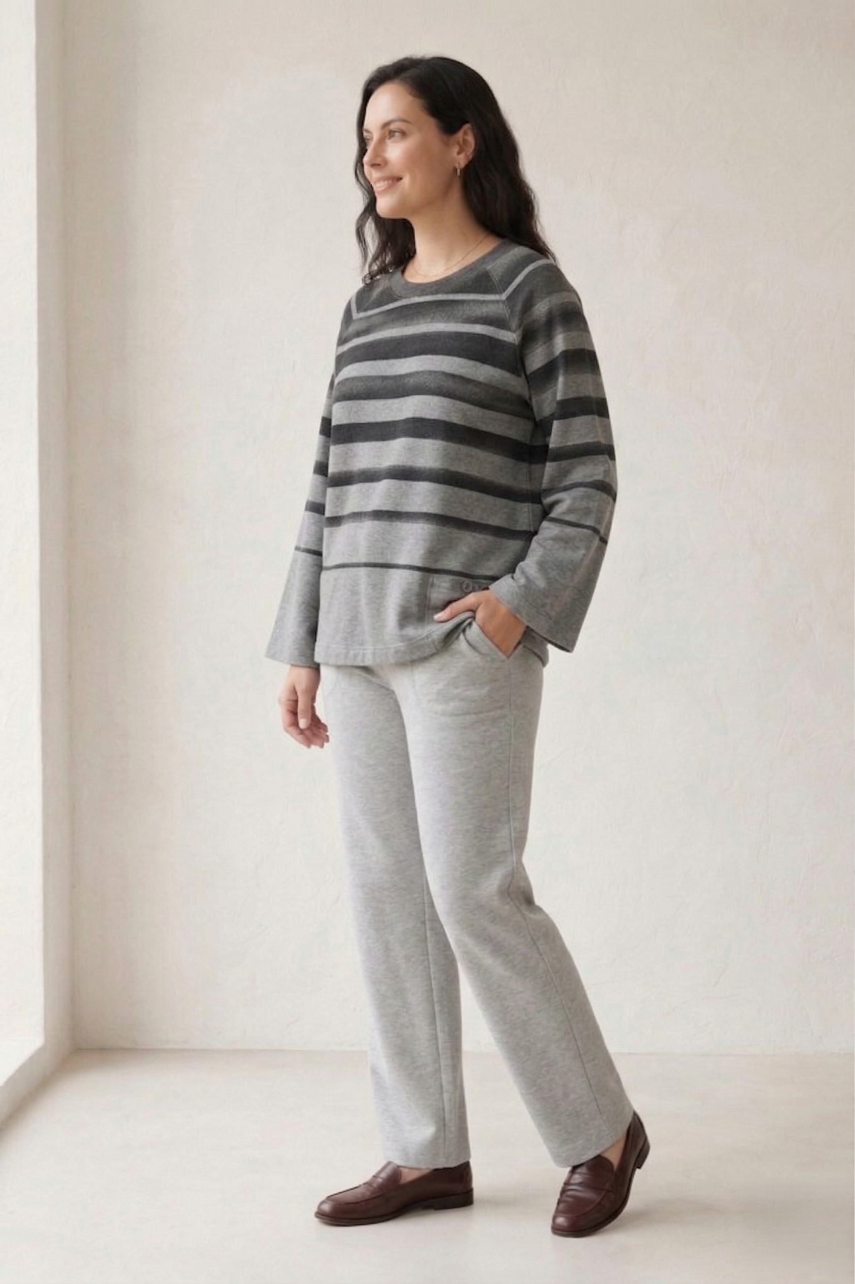 #7767 Women’s Long Sleeve Striped Top | Premium Stretch French Terry with Tab Pocket