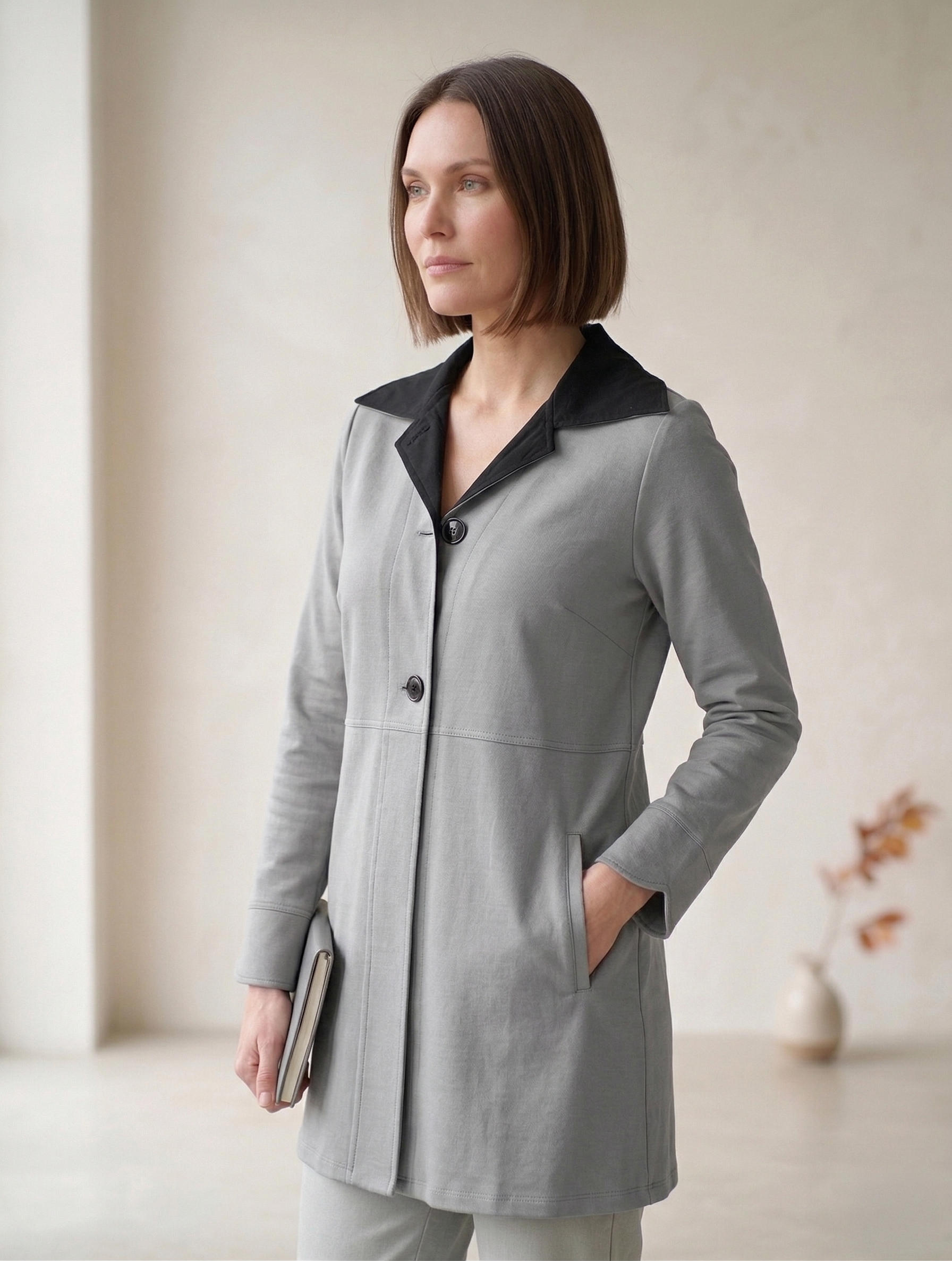 #7766 | Women's Stretch French Terry Trimmed Long Jacket