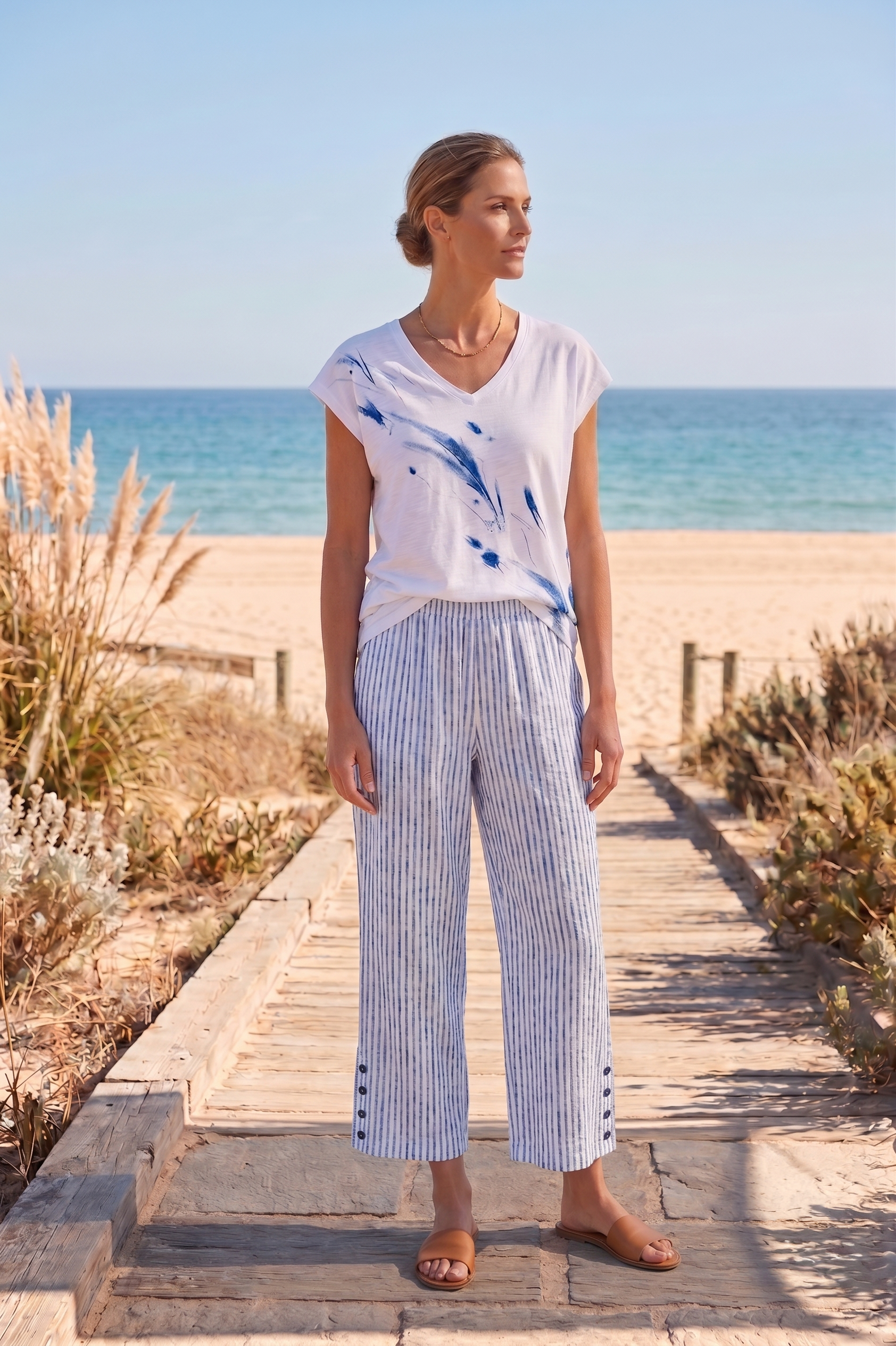 Wild Palms #5626 Side Button Stripe Capri - 100% Cotton (Wholesale)