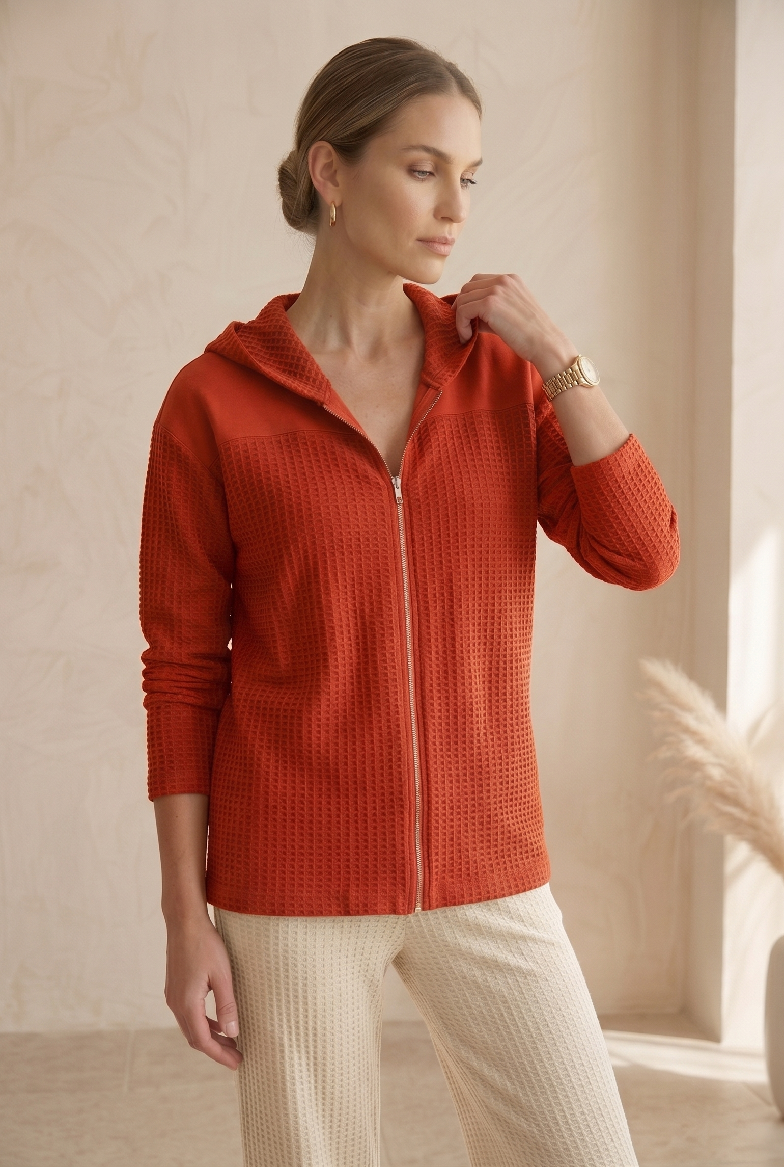 Waffle Knit Long Sleeve Drop Shoulder Zip Hoodie (#W01) — Wholesale