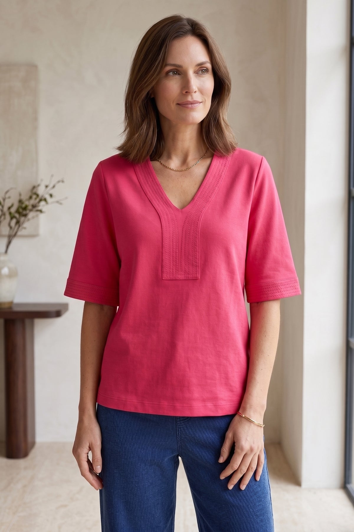 #JS45 Elbow Slv. V-Neck Placket Detail Top