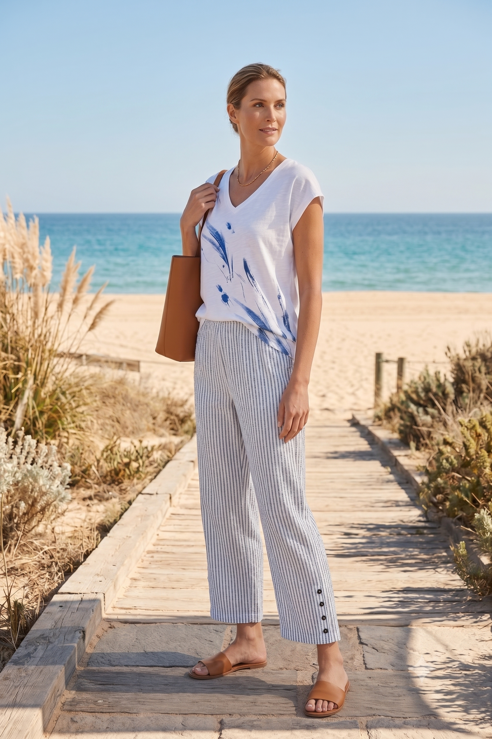 Wild Palms #5626 Side Button Stripe Capri - 100% Cotton (Wholesale)