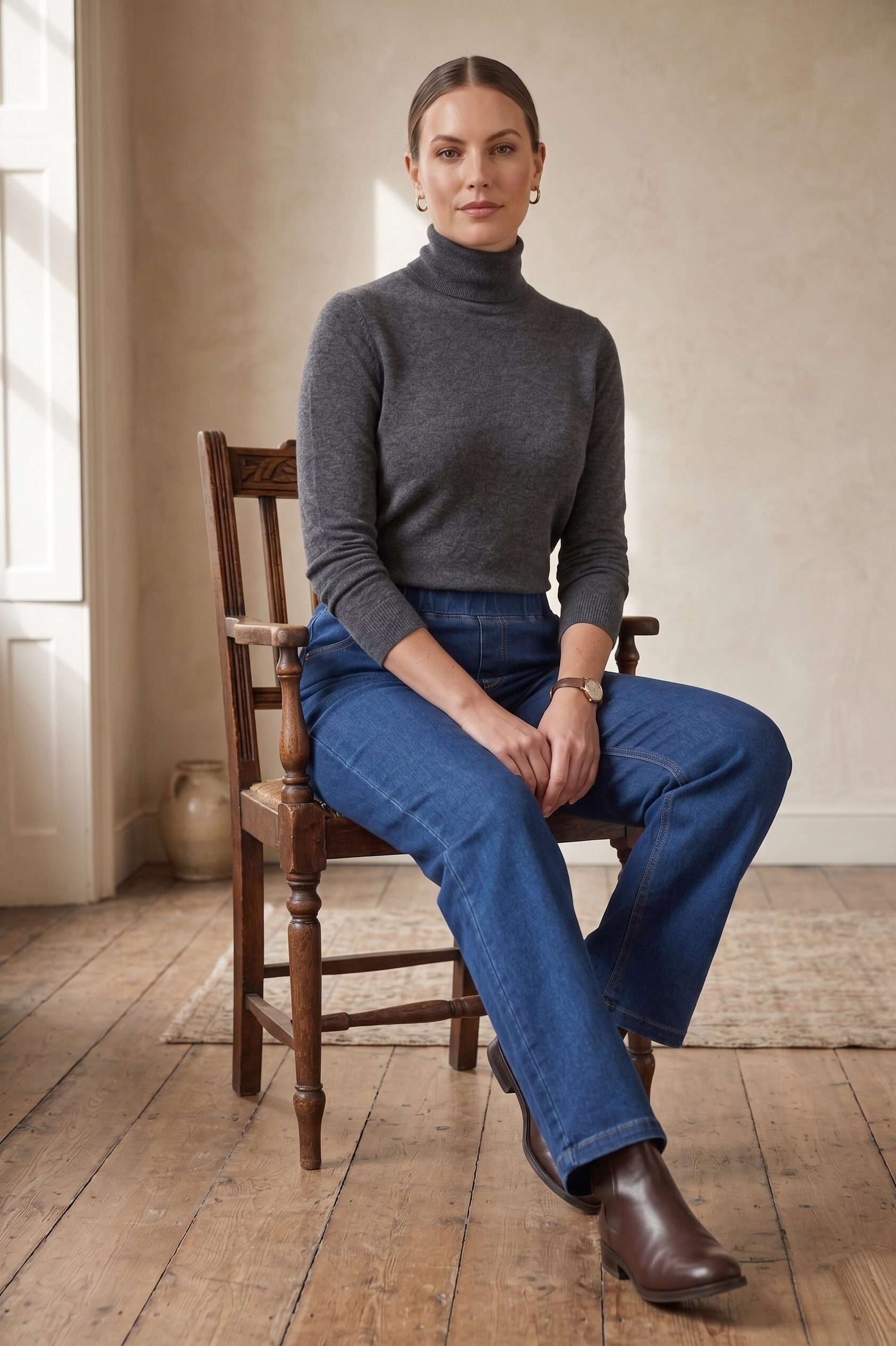 D55 Premium Stretch Denim Pull-On Pants | Minimalist "Little Luxe" Style