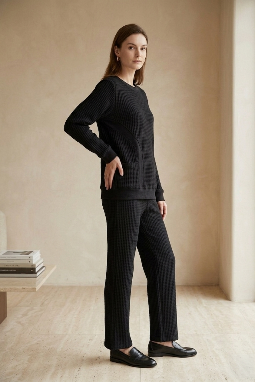 Waffle Knit Long Sleeve Crew Neck Top with Pockets - Style #W03