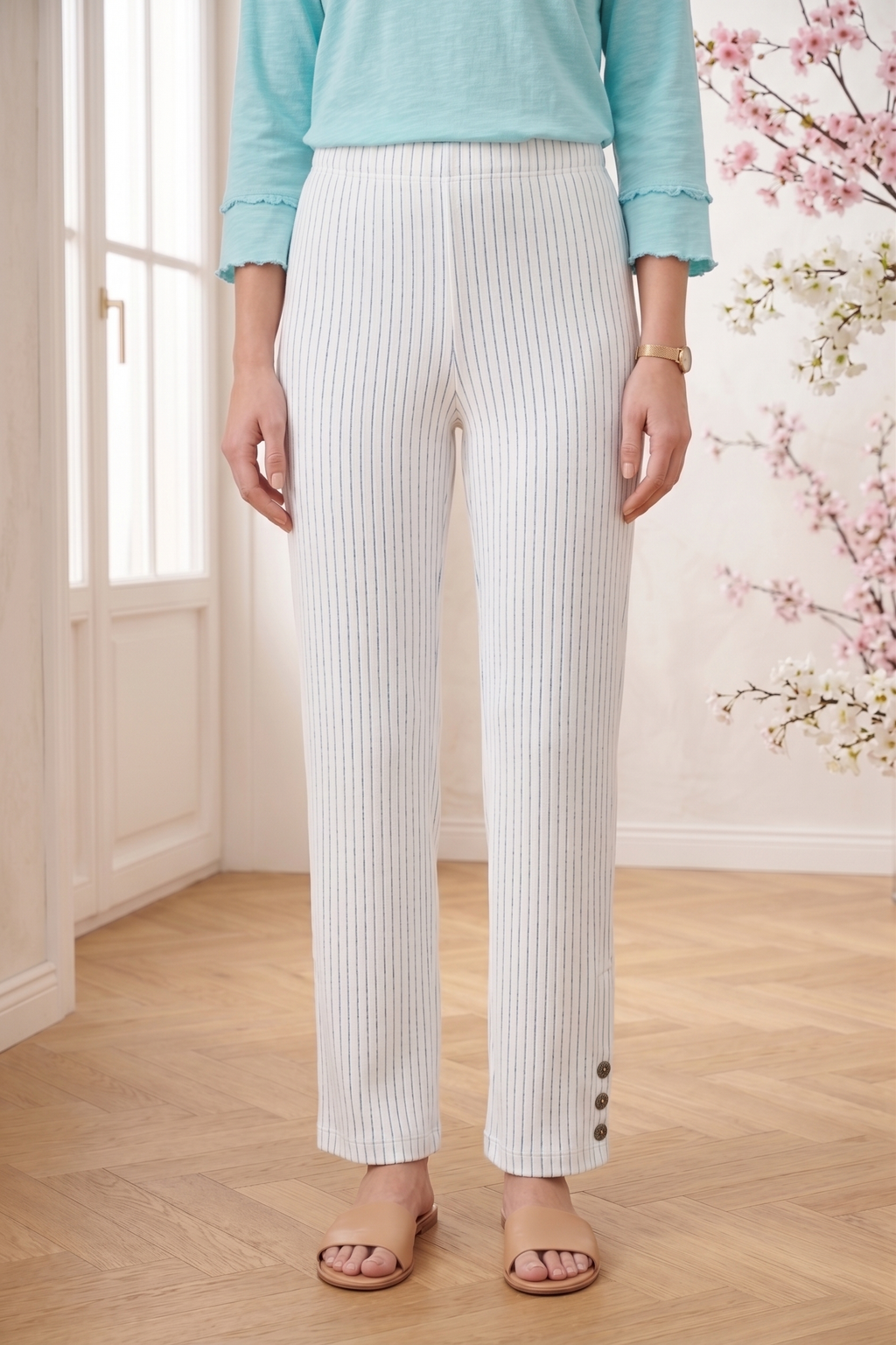 Wholesale Style #5751: Thin Stripe Side Button Capri - 100% Cotton Slub French Terry
