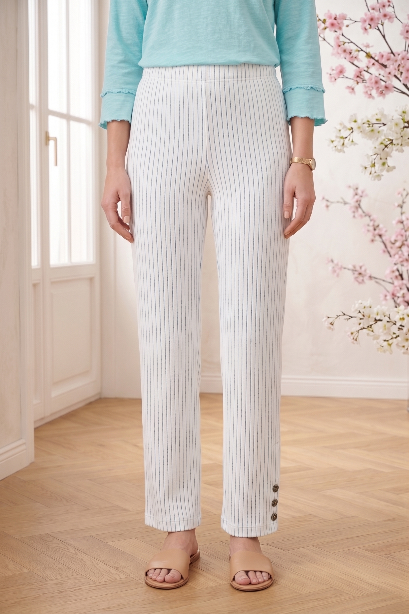 Wholesale Style #5751: Thin Stripe Side Button Capri - 100% Cotton Slub French Terry