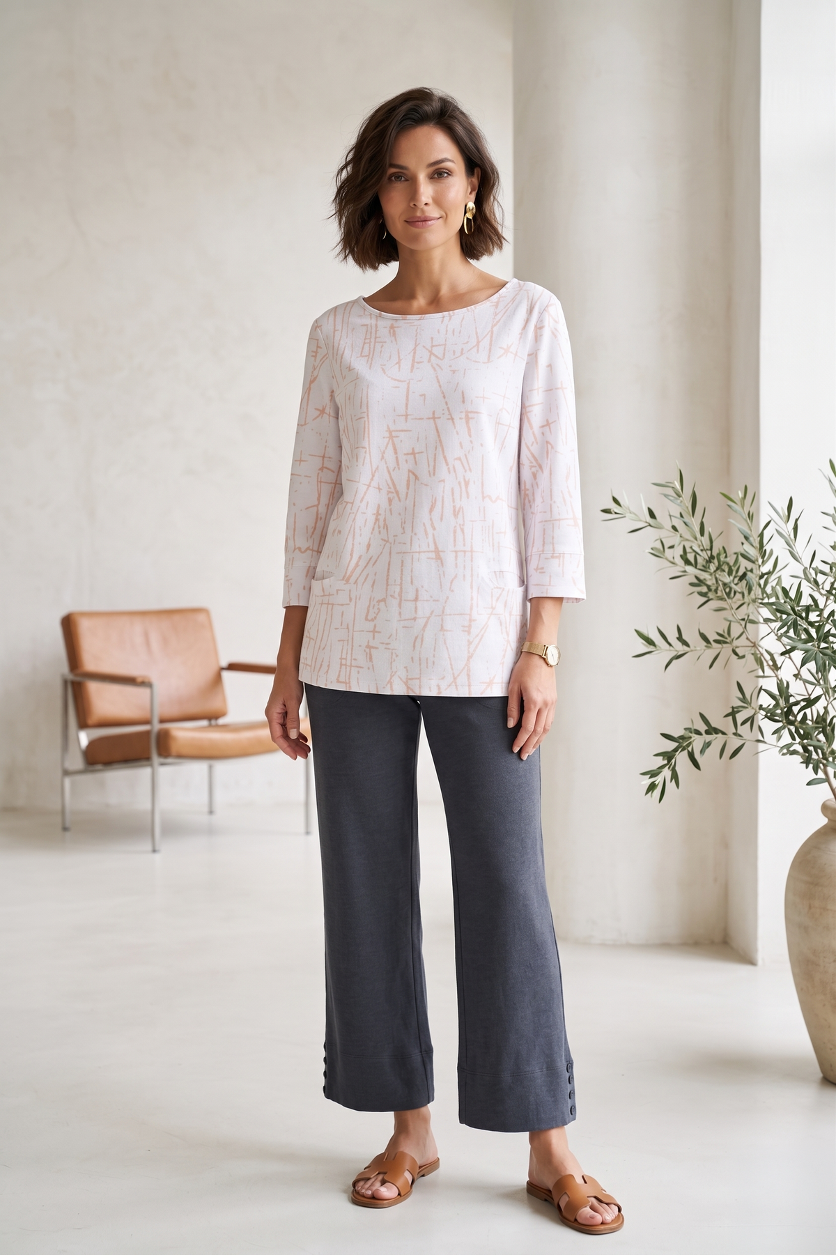 Style #1734 |Wholesale 100% Cotton ¾ Sleeve Abstract Print Top - Multiple Colors
