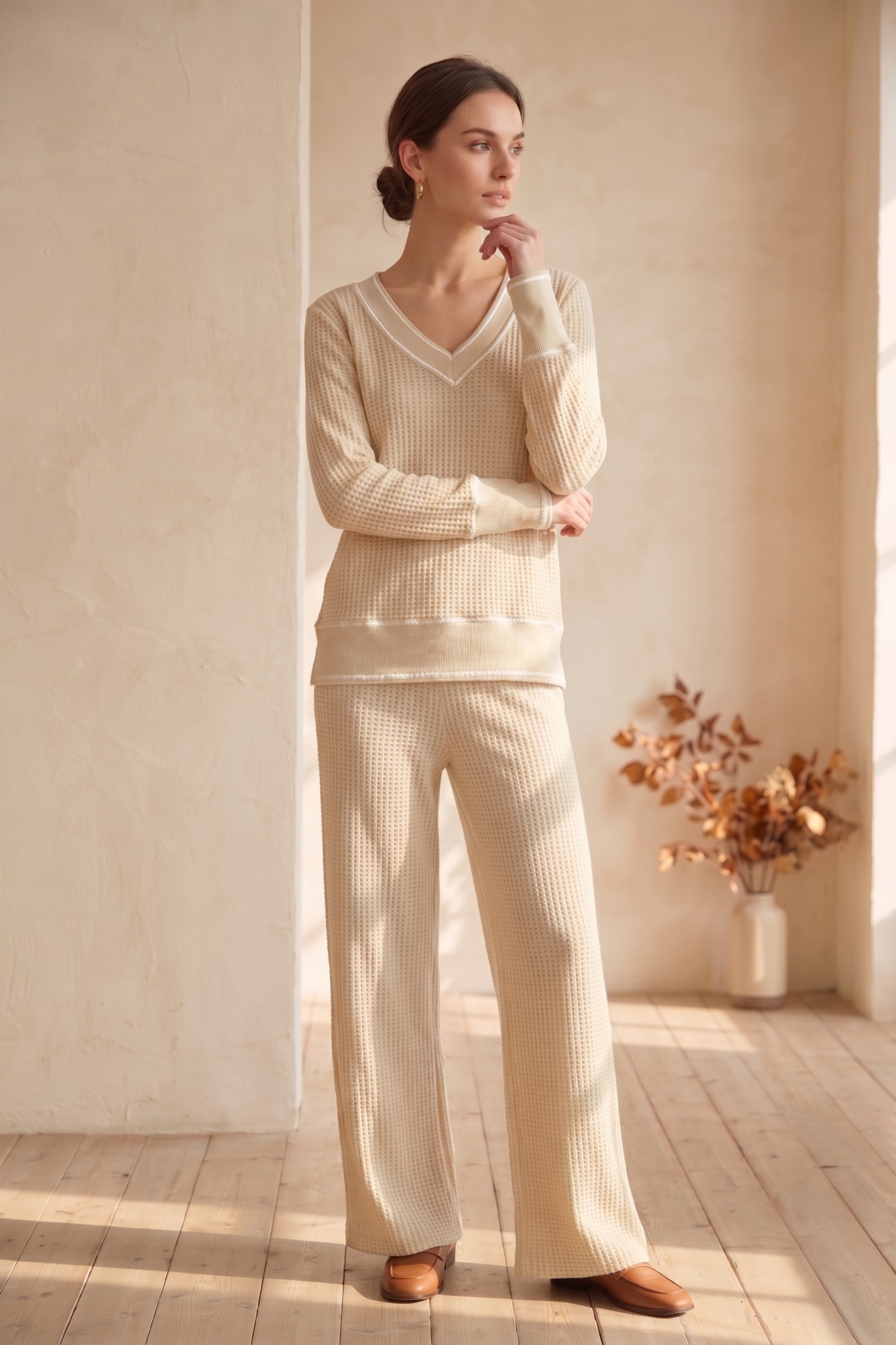 Waffle Knit Long Sleeve V-Neck Top with Contrast Stitching – #W02