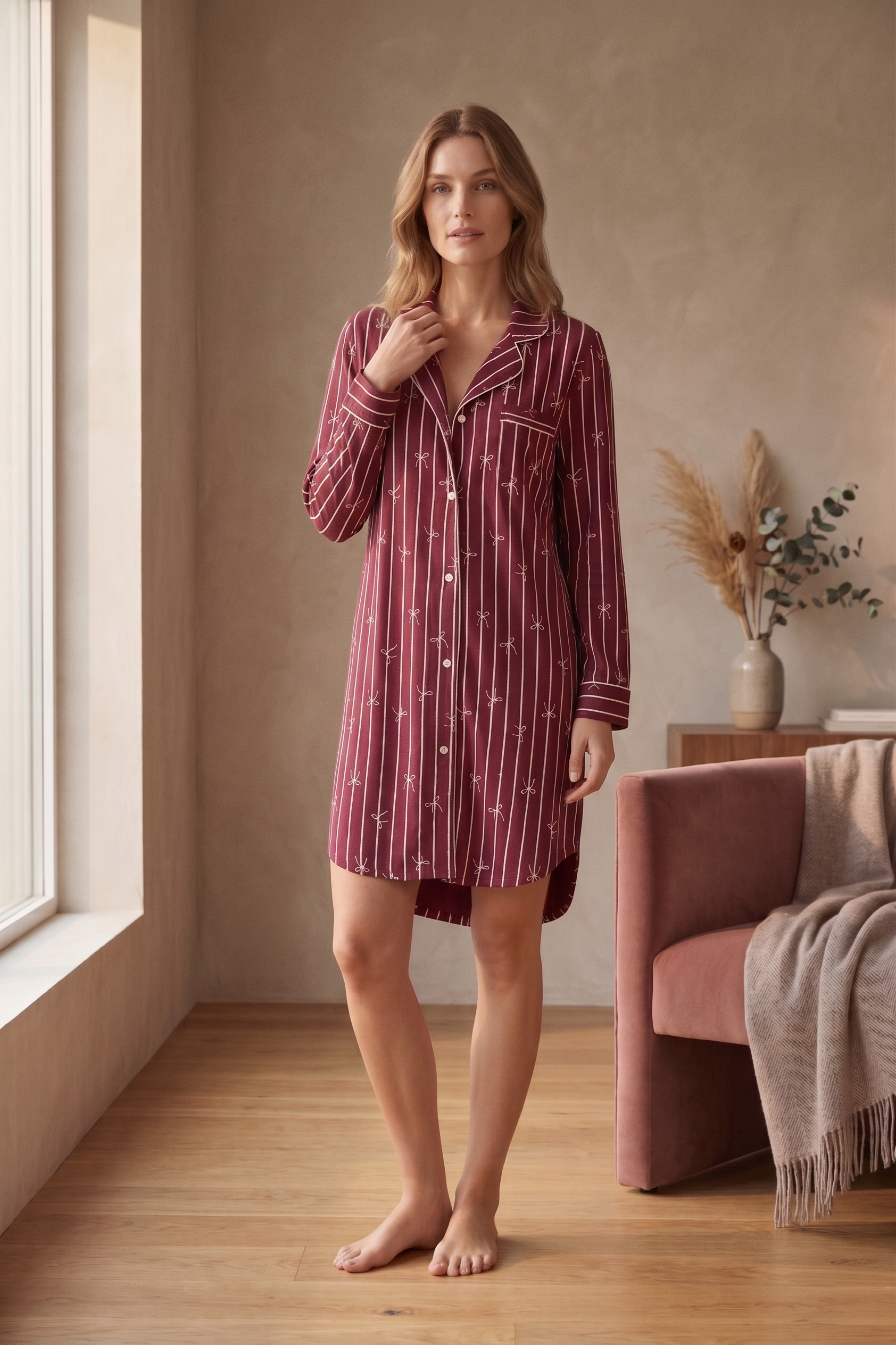 PJ74 Bow & Stripe Nightshirt | Premium Cotton Stretch French Terry