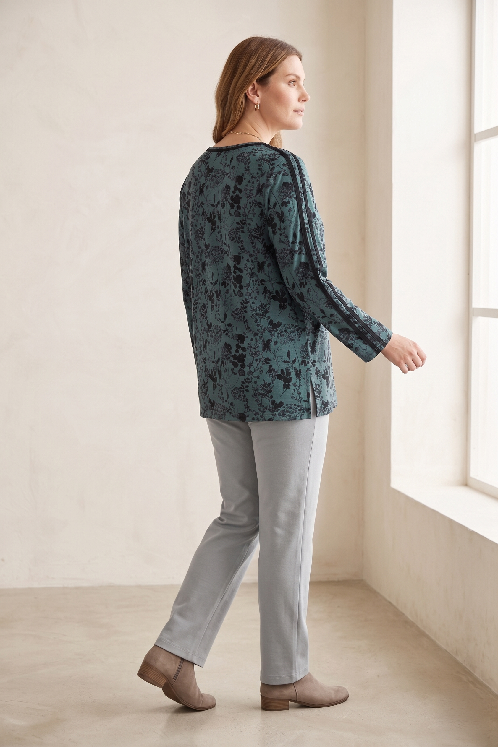 #1273 Long Sleeve "Water Leaves" Floral Print Top | 100% Cotton Jersey