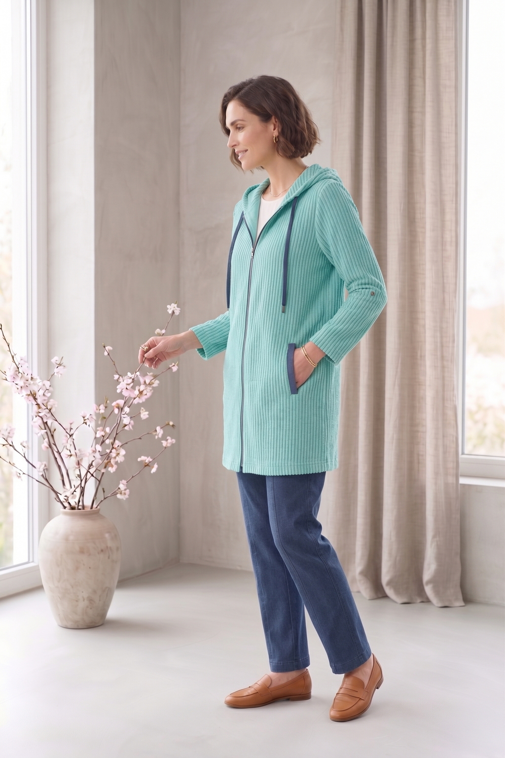 #8301 | Women's 3/4 Sleeve Mixed Stripe Zip-Up Jacket – 100% Cotton Slub French Terry