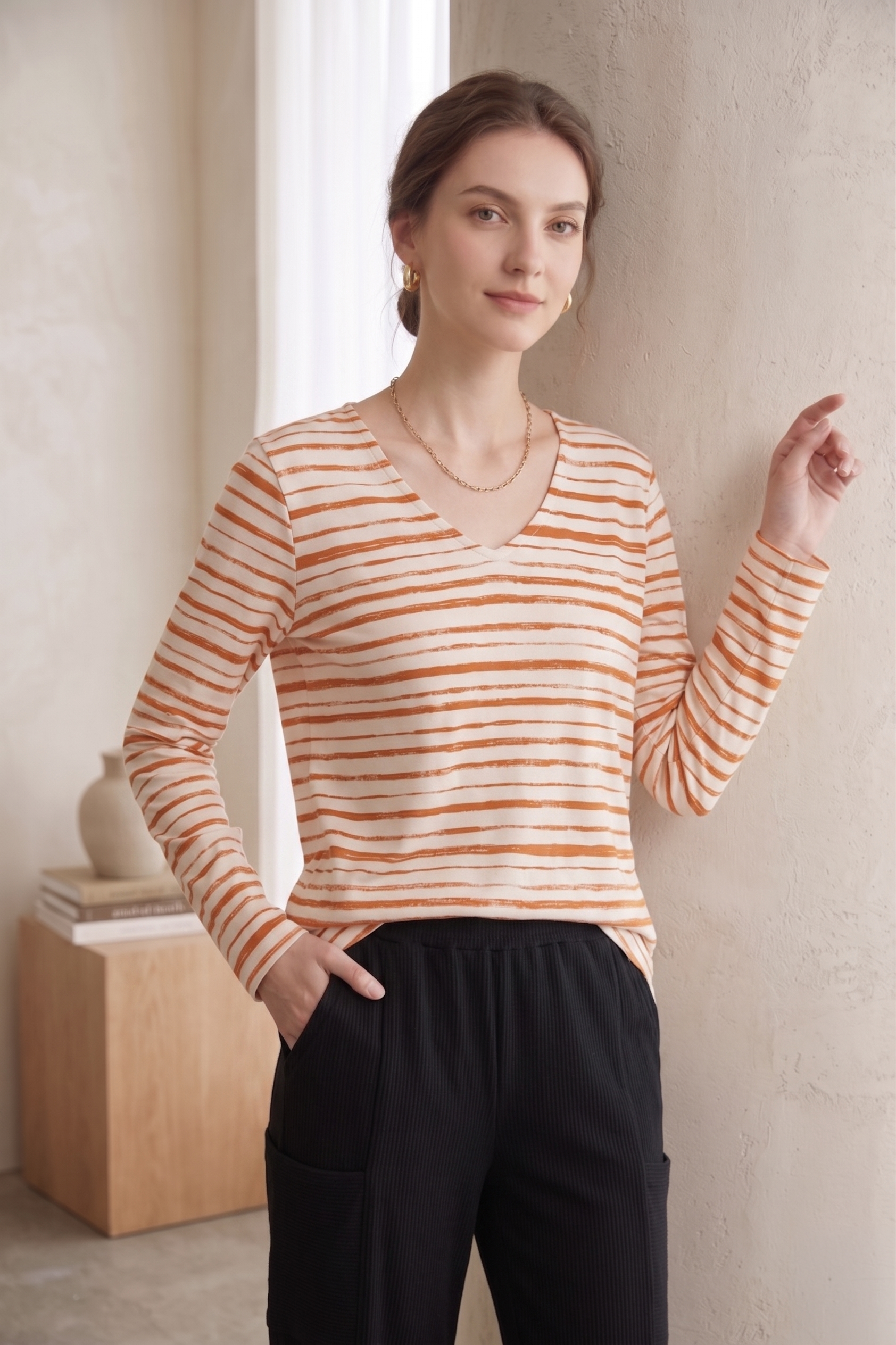 Women's Long Sleeve Striped Cotton Jersey Top (#D32)