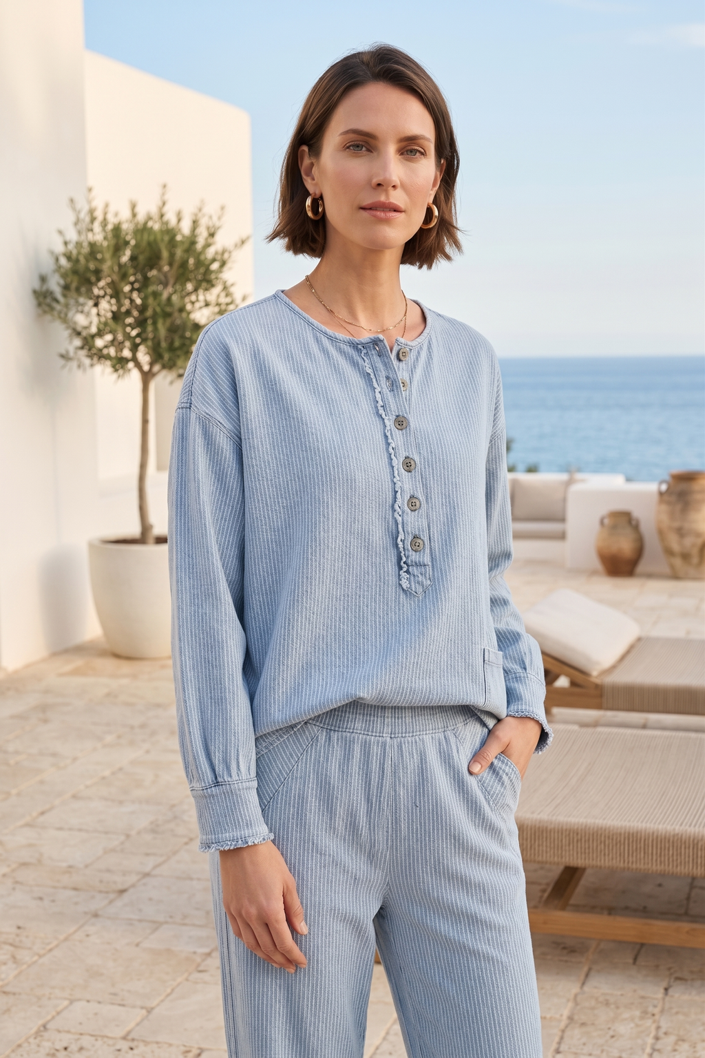 #D74 3/4 Sleeve Ruffle Trim Placket Tunic | Wild Palms Collection (Wholesale Pre-Pack)
