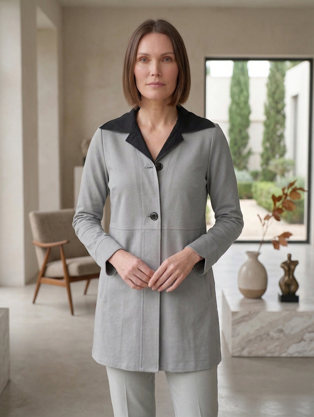 #7766 | Women's Stretch French Terry Trimmed Long Jacket
