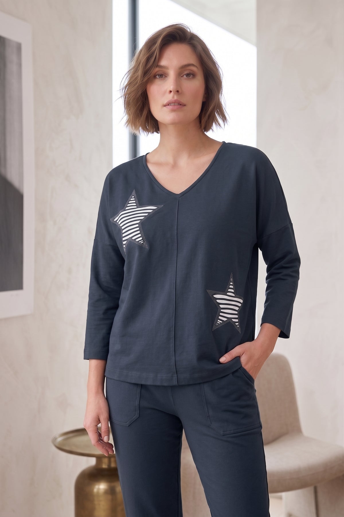 #FT72 Bracelet Slv. Star Applique V-Neck Drop Shoulder Top