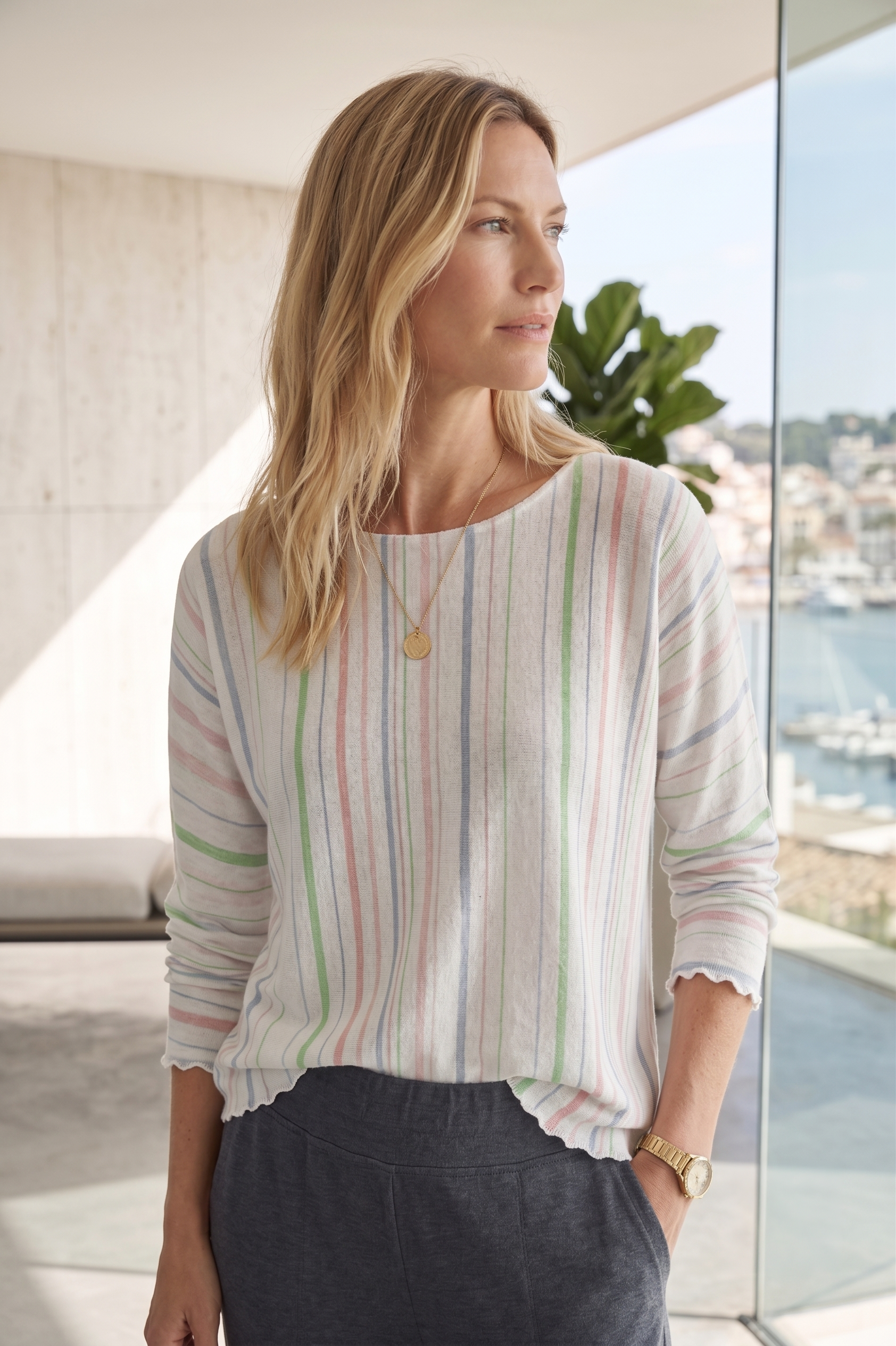 Style #1712-Wild Palms Wholesale Women's 100% Cotton Multi Stripe Tuck Sleeve Top