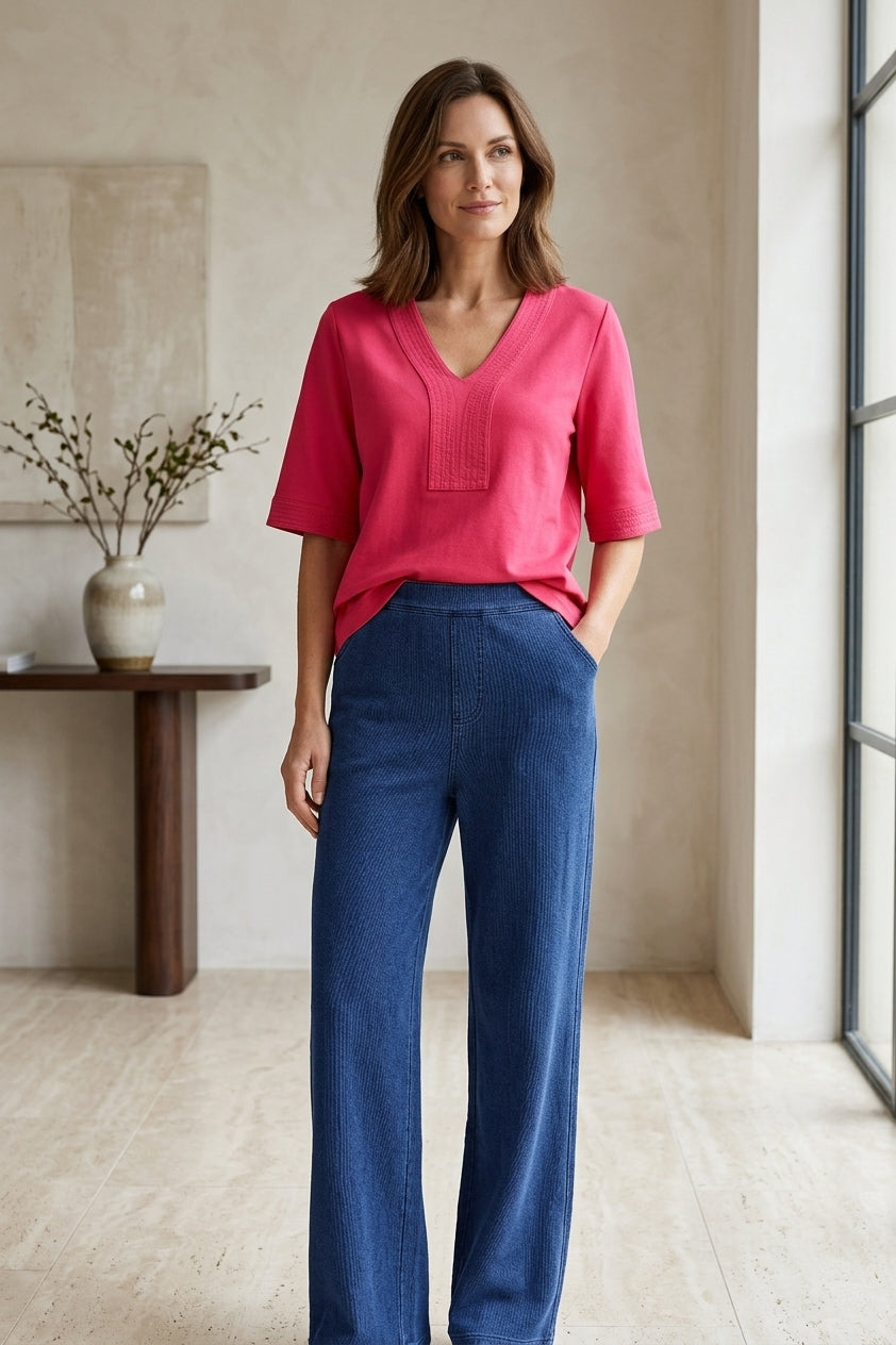 #JS45 Elbow Slv. V-Neck Placket Detail Top