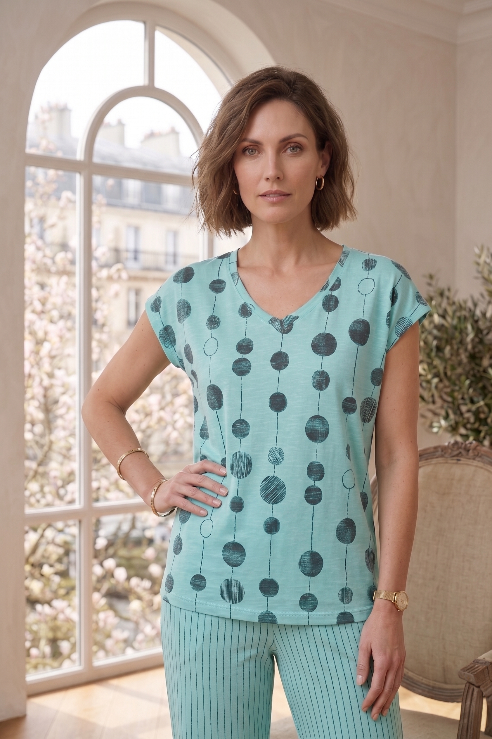#1702 Dotted Print Cap Slv. Top - 100% Cotton Slub Jersey