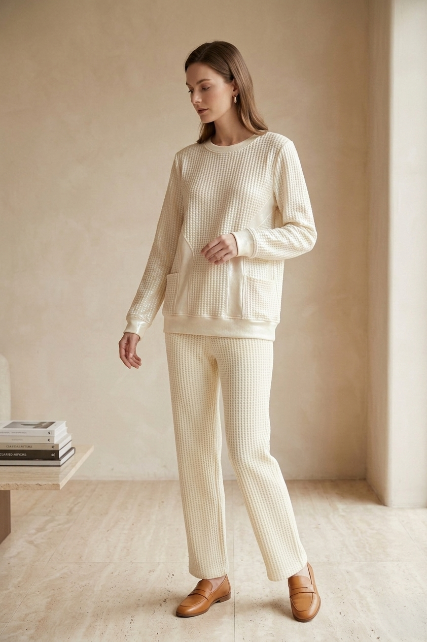Waffle Knit Long Sleeve Crew Neck Top with Pockets - Style #W03