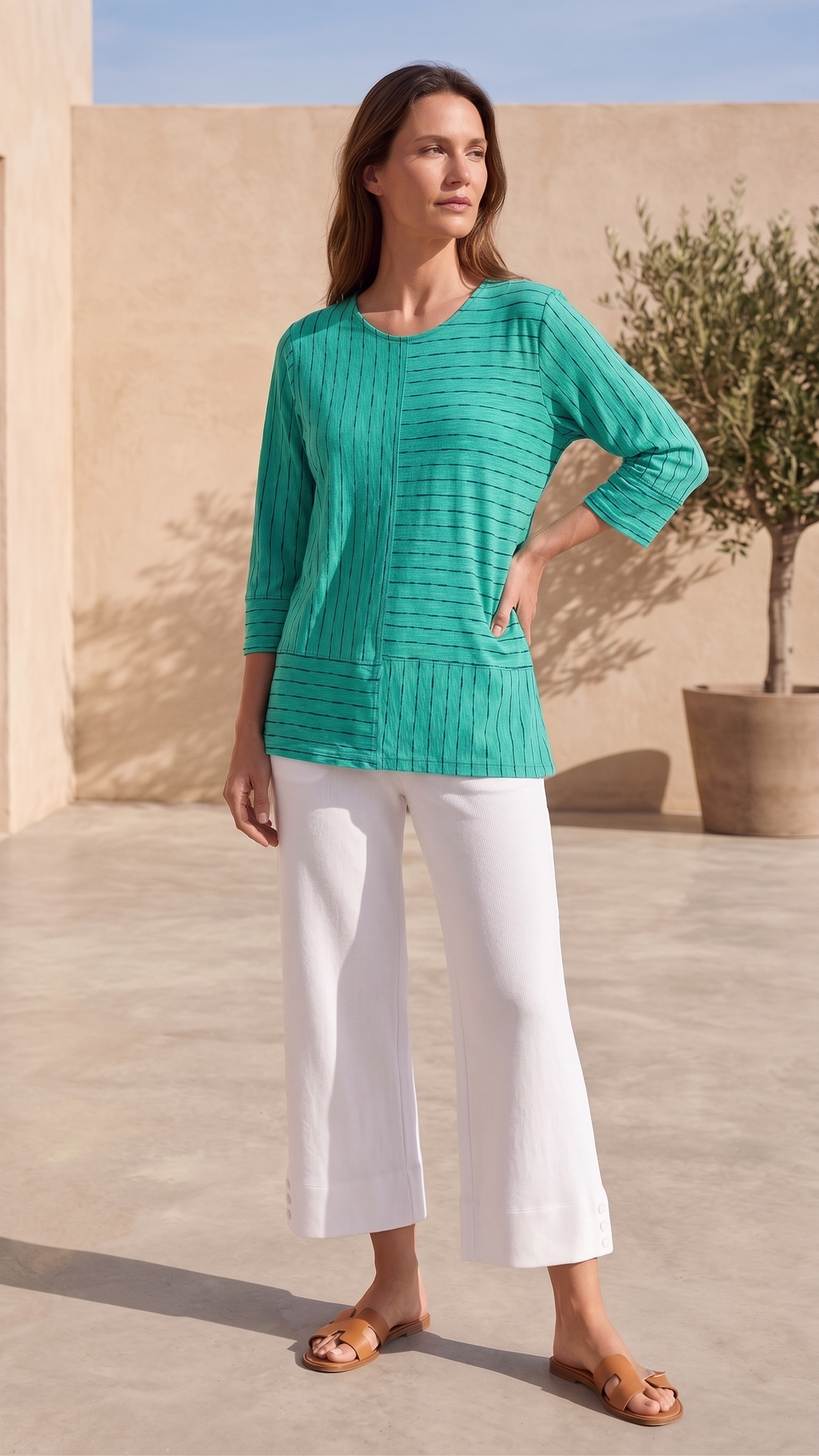 Style #1714-Wild Palms Wholesale Women's 100% Cotton ¾ Sleeve Thin Stripe Top