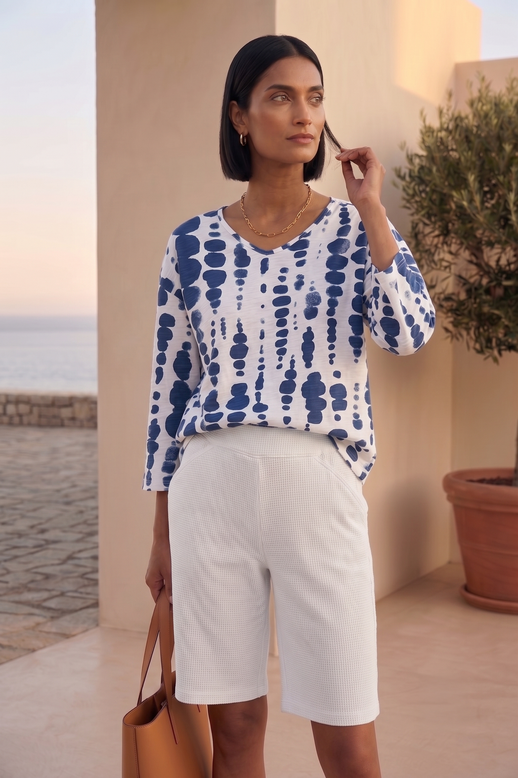 Style #1713 Wild Palms Wholesale Women's 100% Cotton ¾ Sleeve Abstract Dot Top